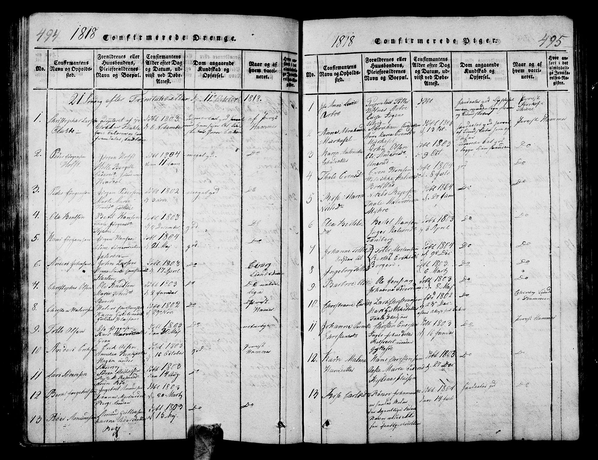 Sande Kirkebøker, SAKO/A-53/G/Ga/L0001: Parish register (copy) no. 1, 1814-1847, p. 494-495