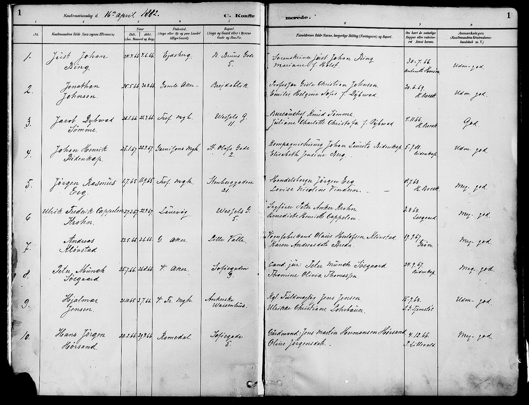 Gamle Aker prestekontor Kirkebøker, SAO/A-10617a/F/L0007: Parish register (official) no. 7, 1882-1890, p. 1