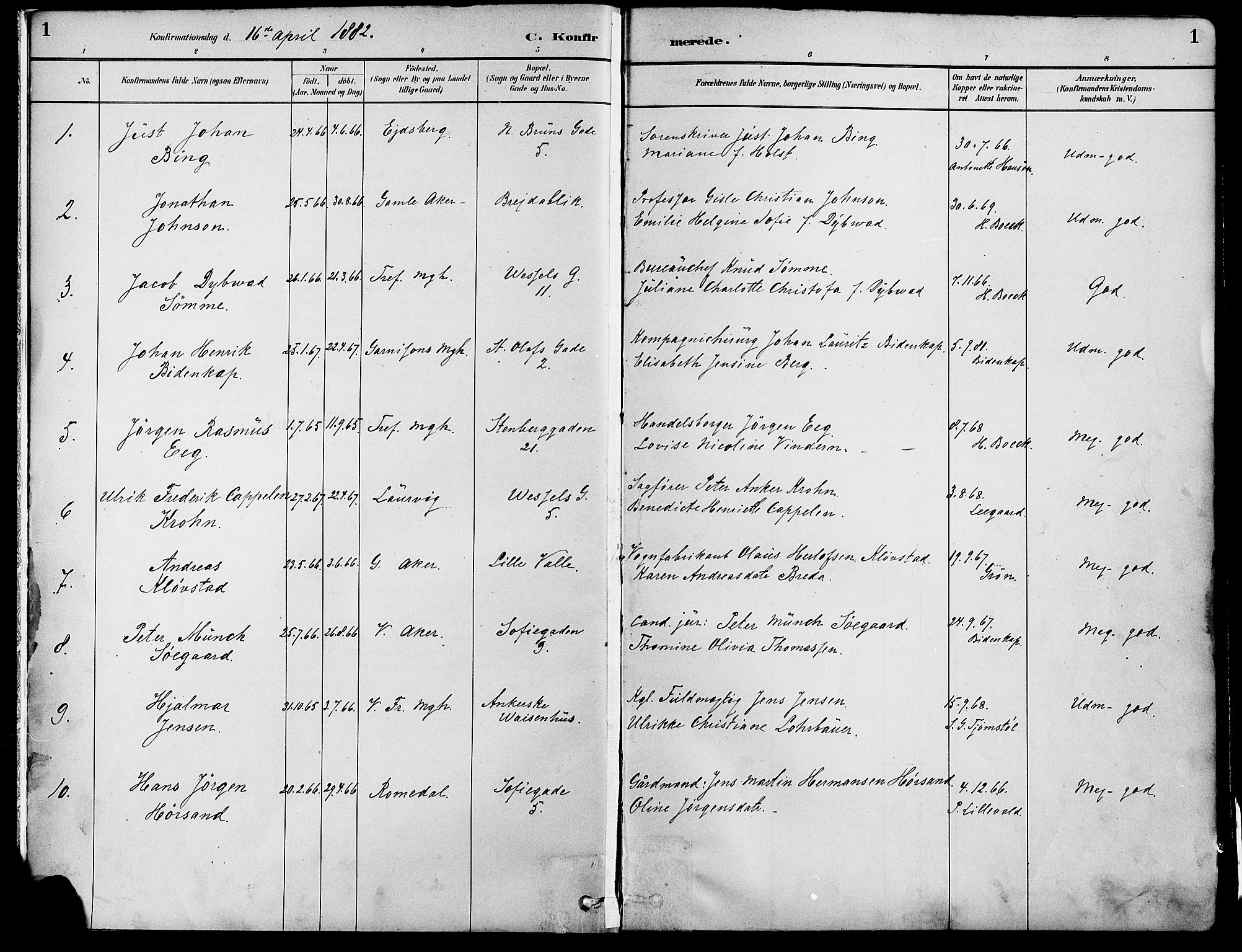 Gamle Aker prestekontor Kirkebøker, AV/SAO-A-10617a/F/L0007: Parish register (official) no. 7, 1882-1890, p. 1