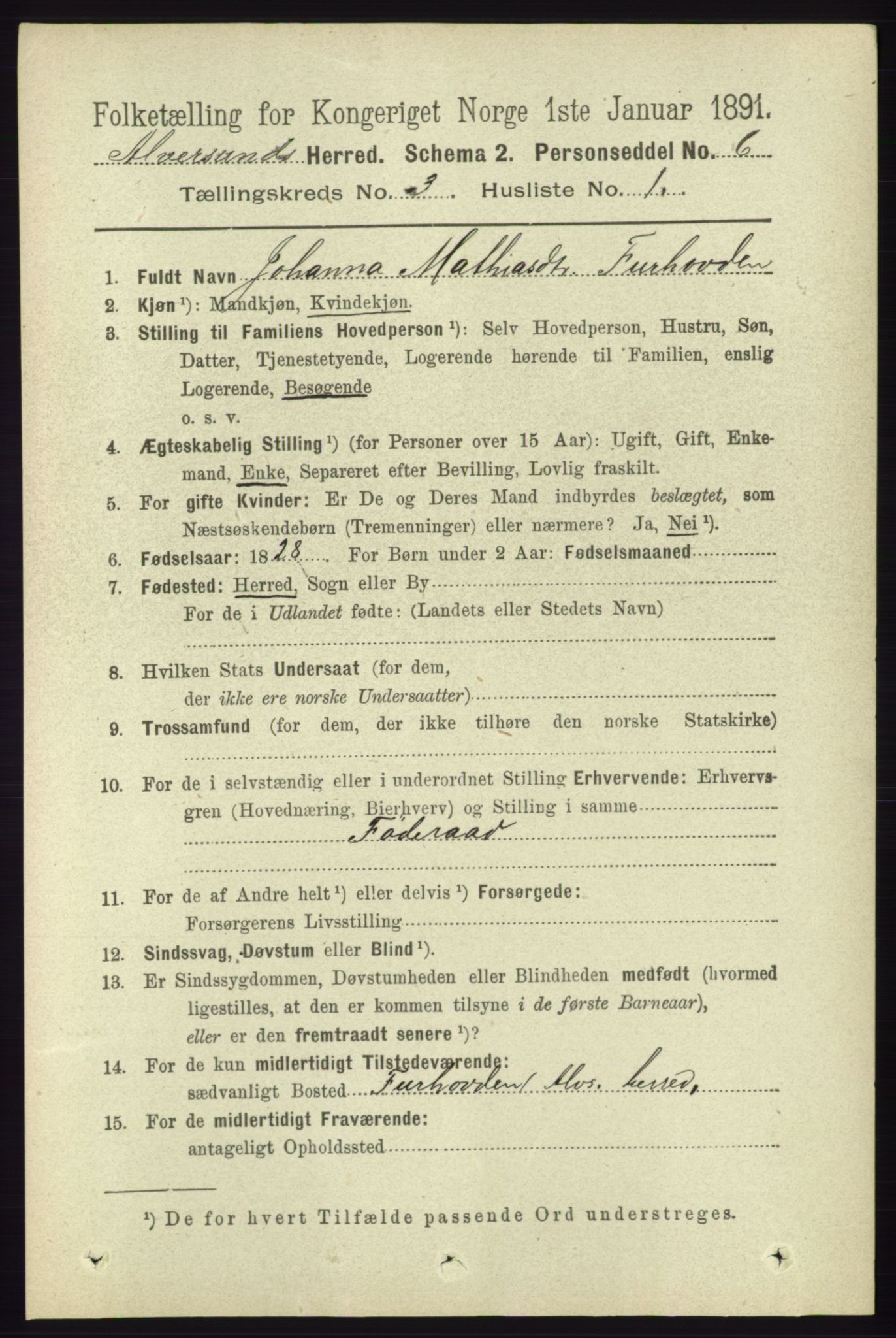 RA, 1891 census for 1257 Alversund, 1891, p. 1037