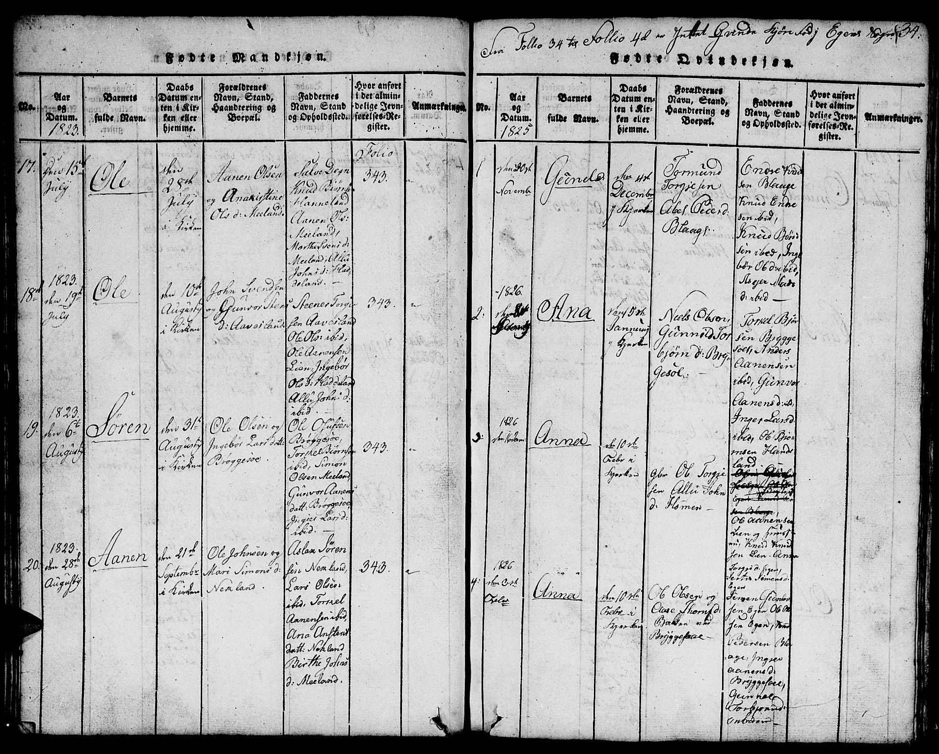 Hægebostad sokneprestkontor, SAK/1111-0024/F/Fb/Fbb/L0001: Parish register (copy) no. B 1, 1816-1850, p. 34
