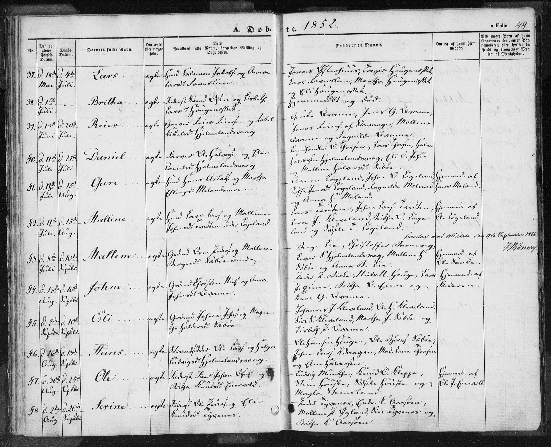 Hjelmeland sokneprestkontor, AV/SAST-A-101843/01/IV/L0009: Parish register (official) no. A 9, 1846-1860, p. 44