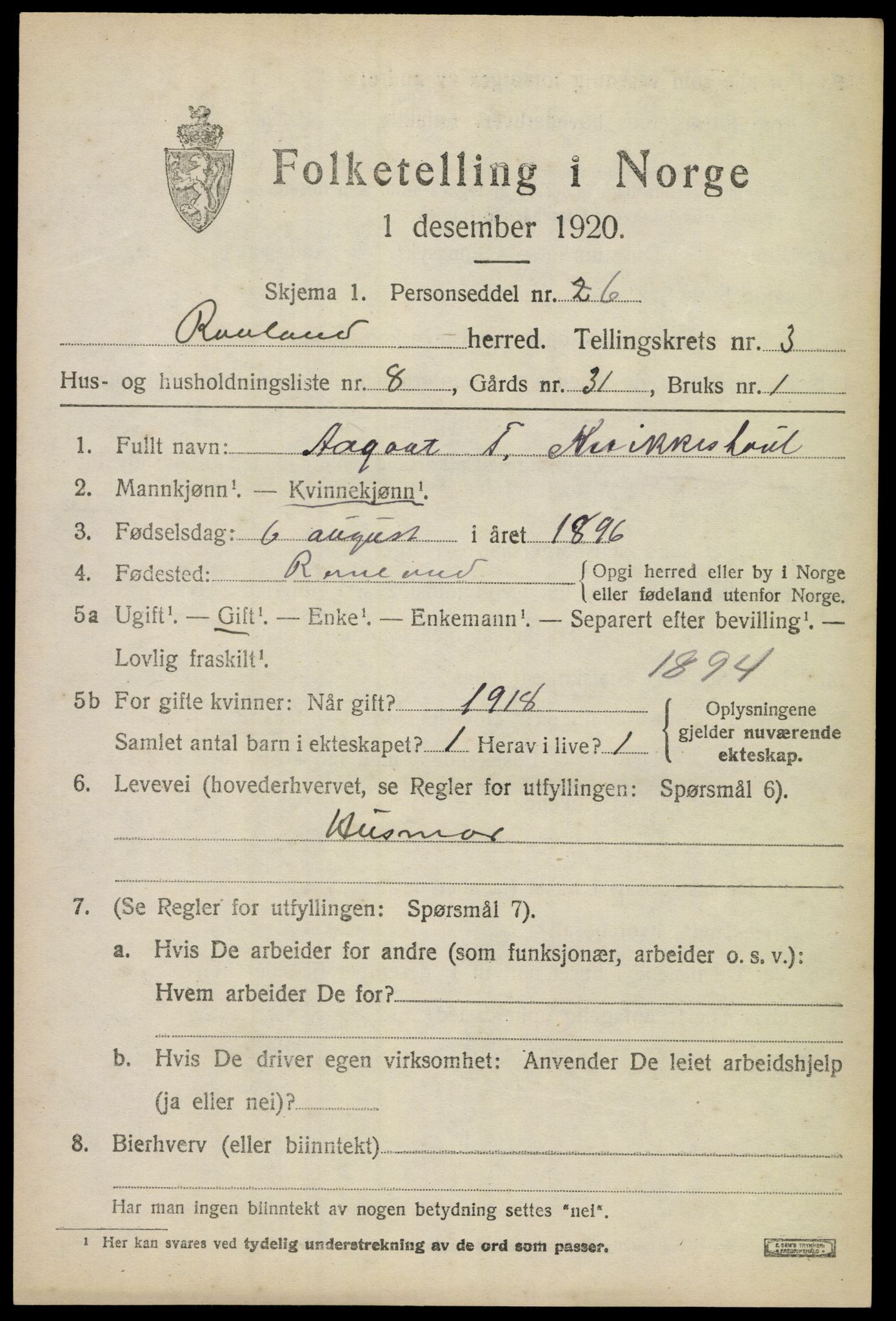 SAKO, 1920 census for Rauland, 1920, p. 800