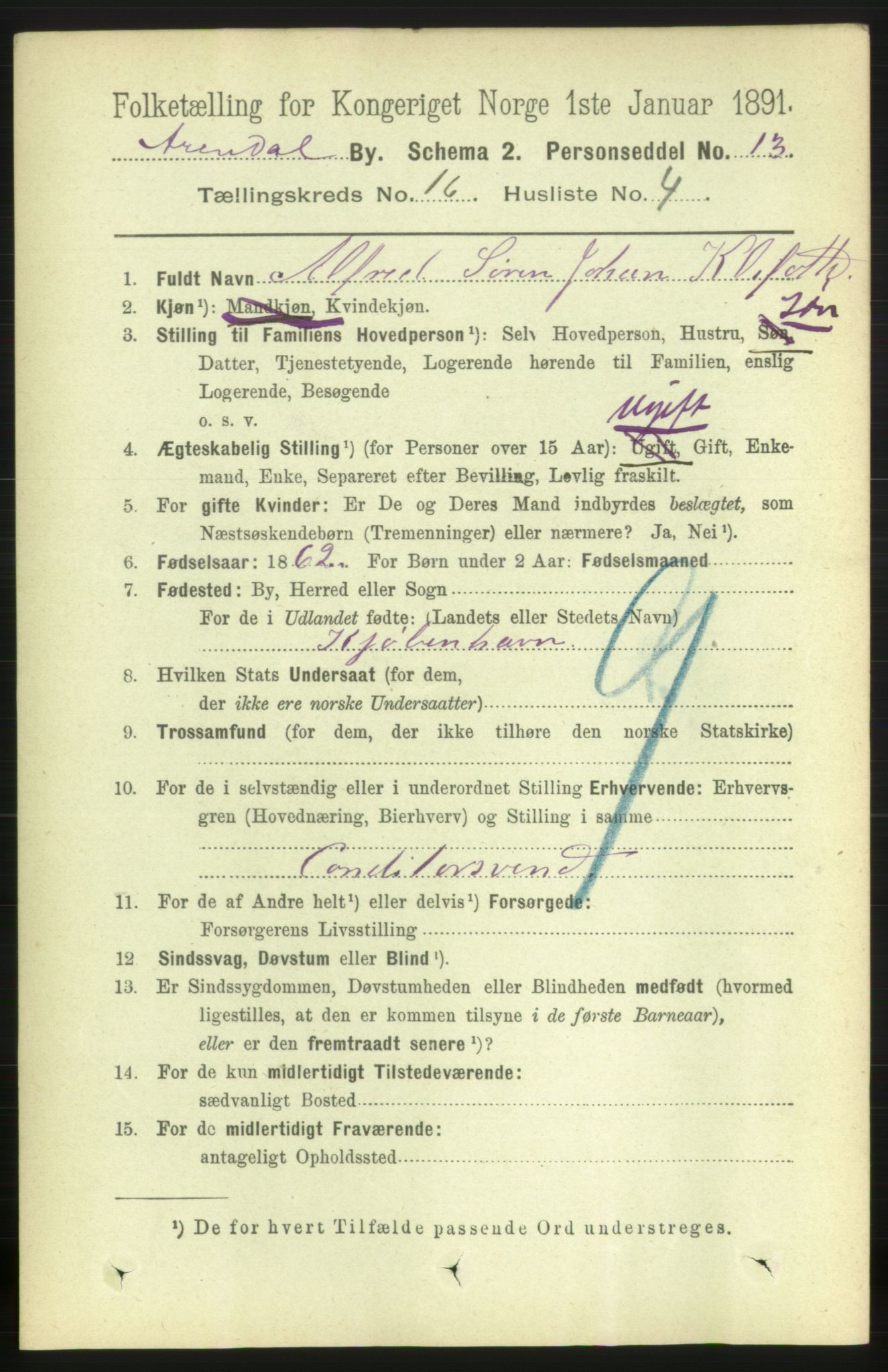 RA, 1891 census for 0903 Arendal, 1891, p. 5399