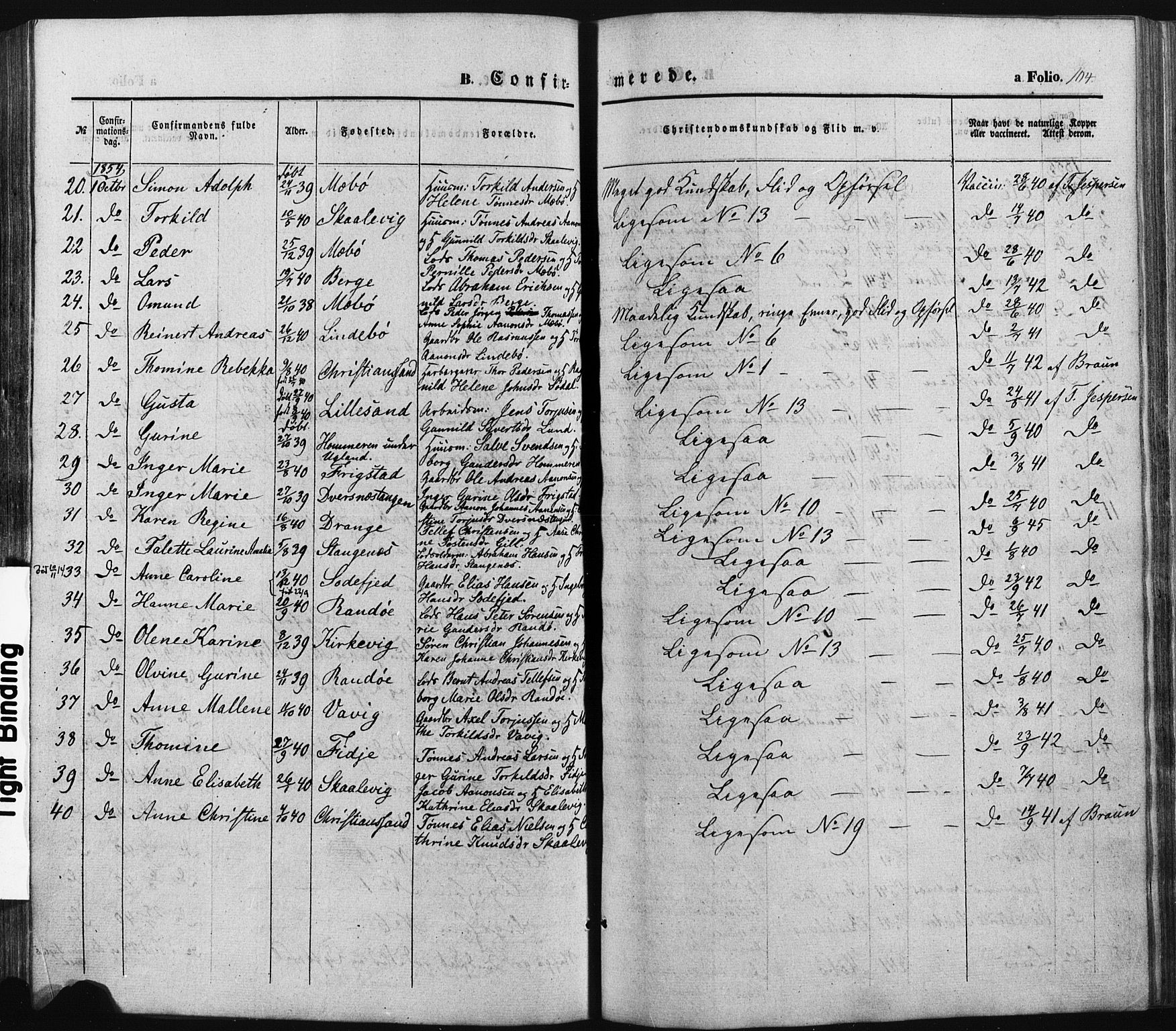 Oddernes sokneprestkontor, SAK/1111-0033/F/Fa/Faa/L0007: Parish register (official) no. A 7, 1851-1863, p. 104