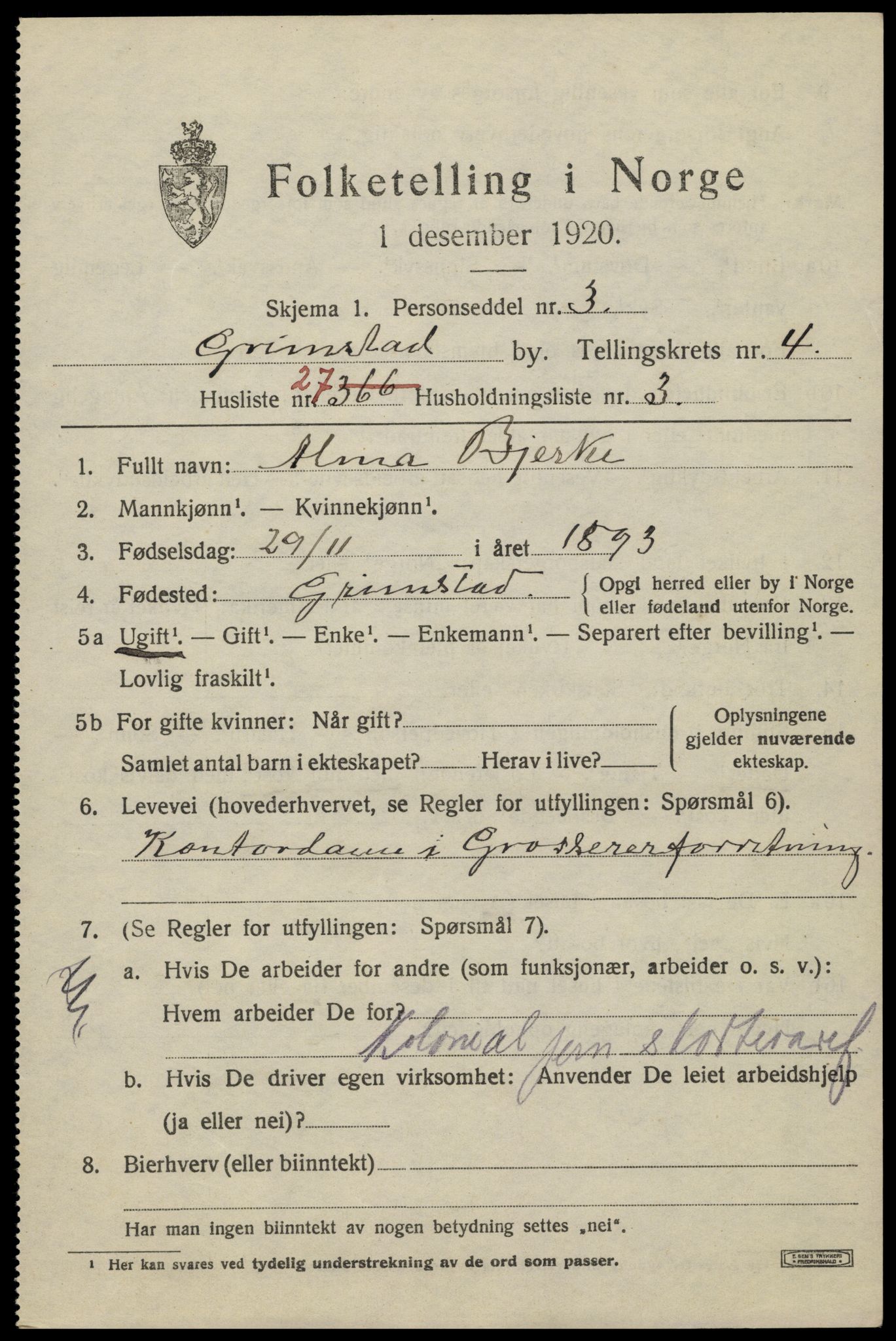 SAK, 1920 census for Grimstad, 1920, p. 5759