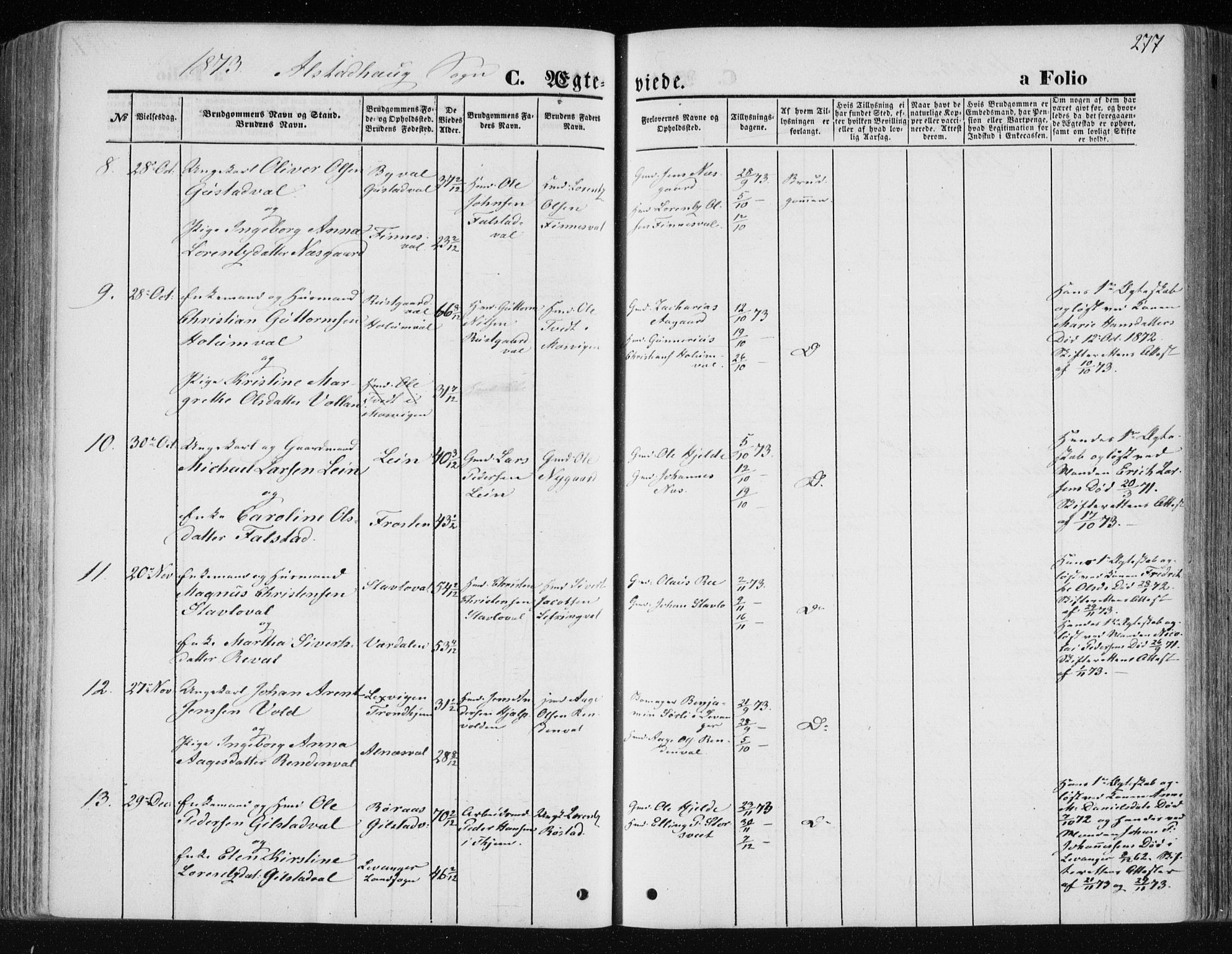 Ministerialprotokoller, klokkerbøker og fødselsregistre - Nord-Trøndelag, AV/SAT-A-1458/717/L0157: Parish register (official) no. 717A08 /1, 1863-1877, p. 277