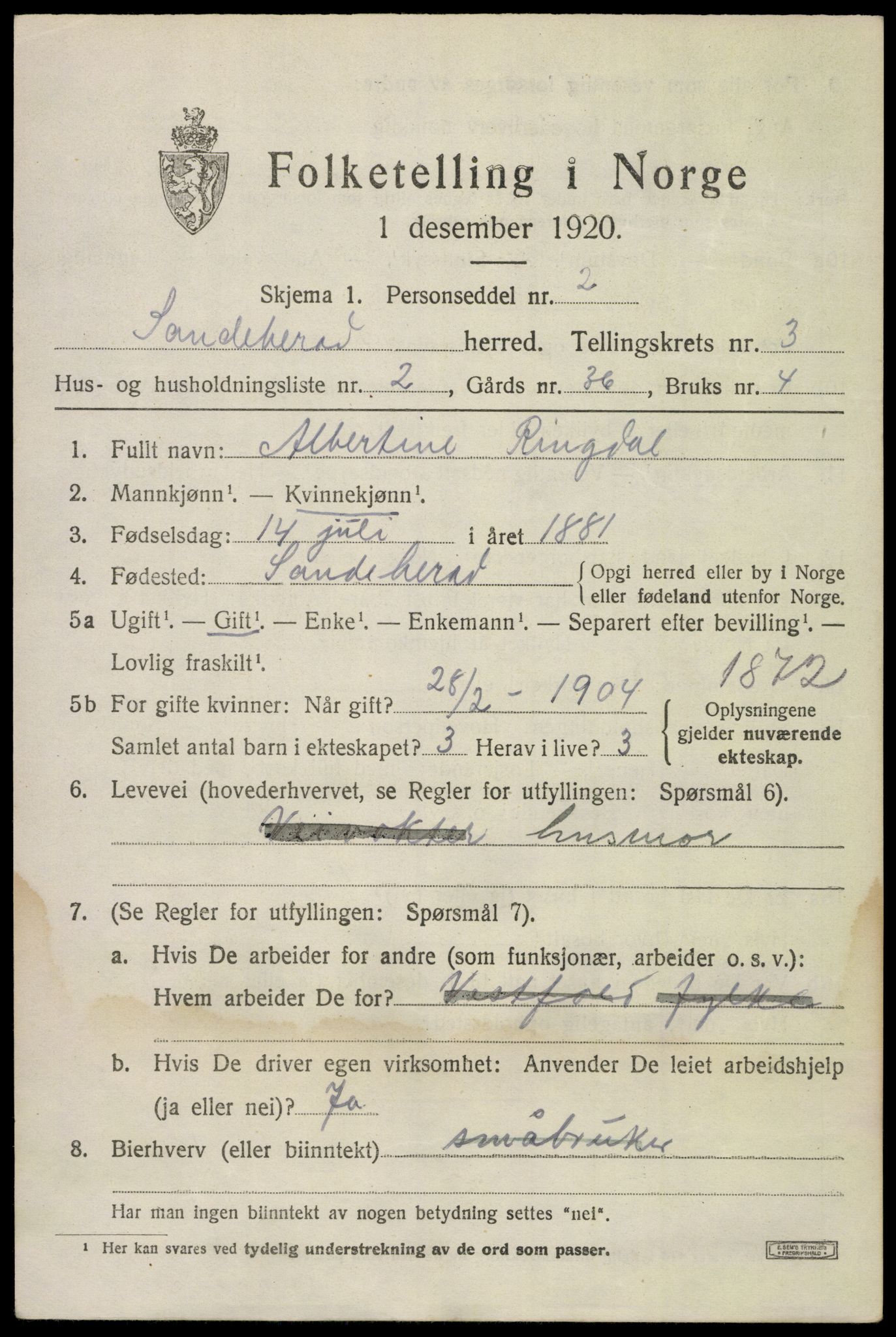 SAKO, 1920 census for Sandeherred, 1920, p. 5242