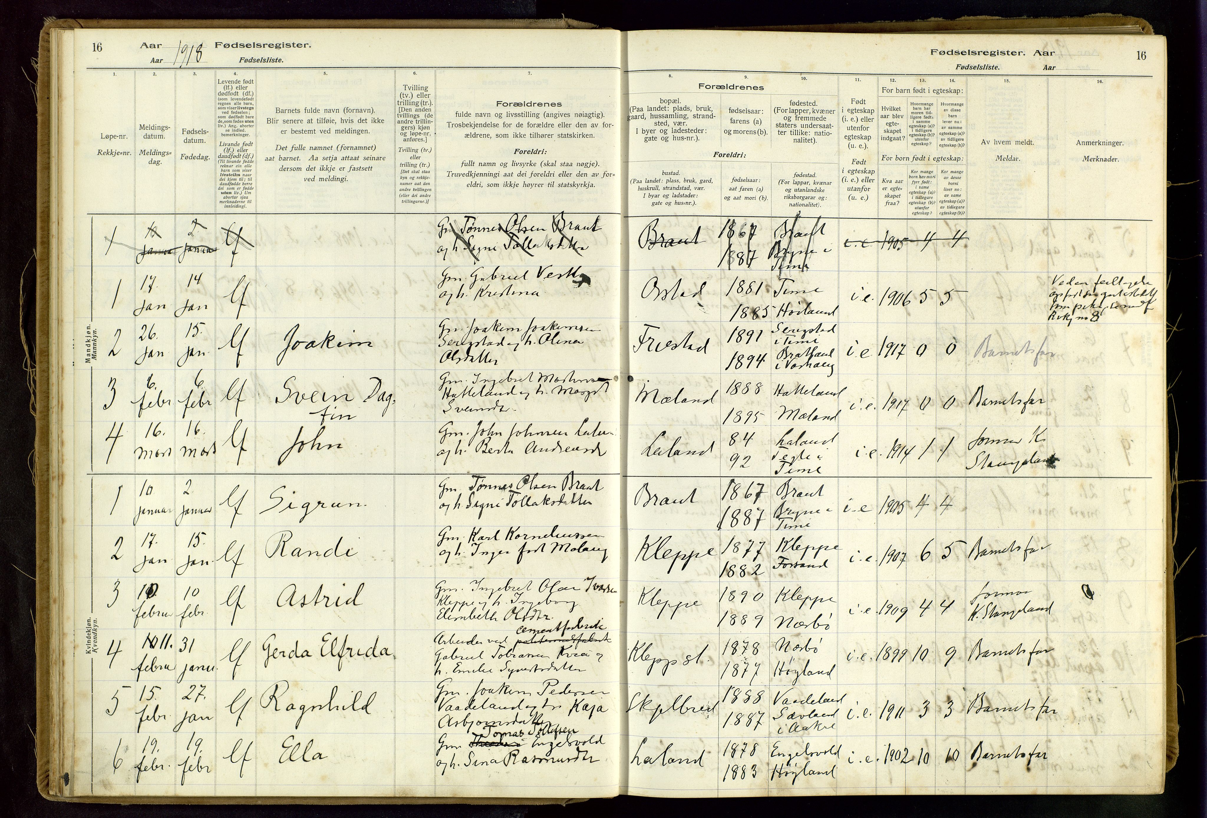 Klepp sokneprestkontor, AV/SAST-A-101803/001/704BAA/L0001: Birth register no. 1, 1916-1948, p. 16