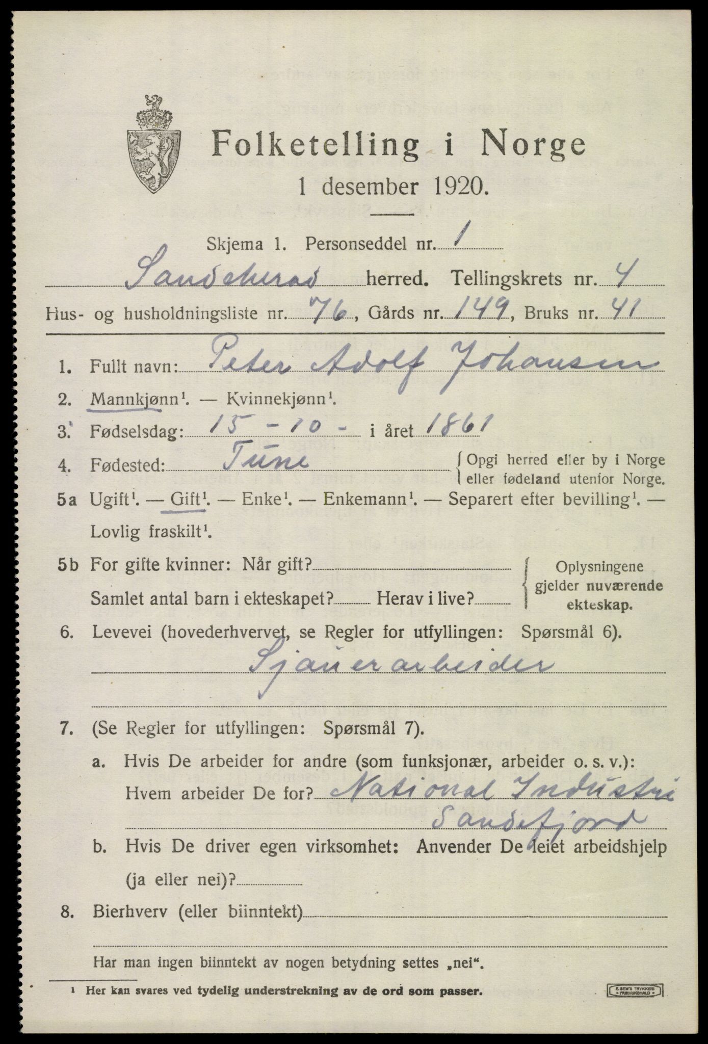 SAKO, 1920 census for Sandeherred, 1920, p. 7468