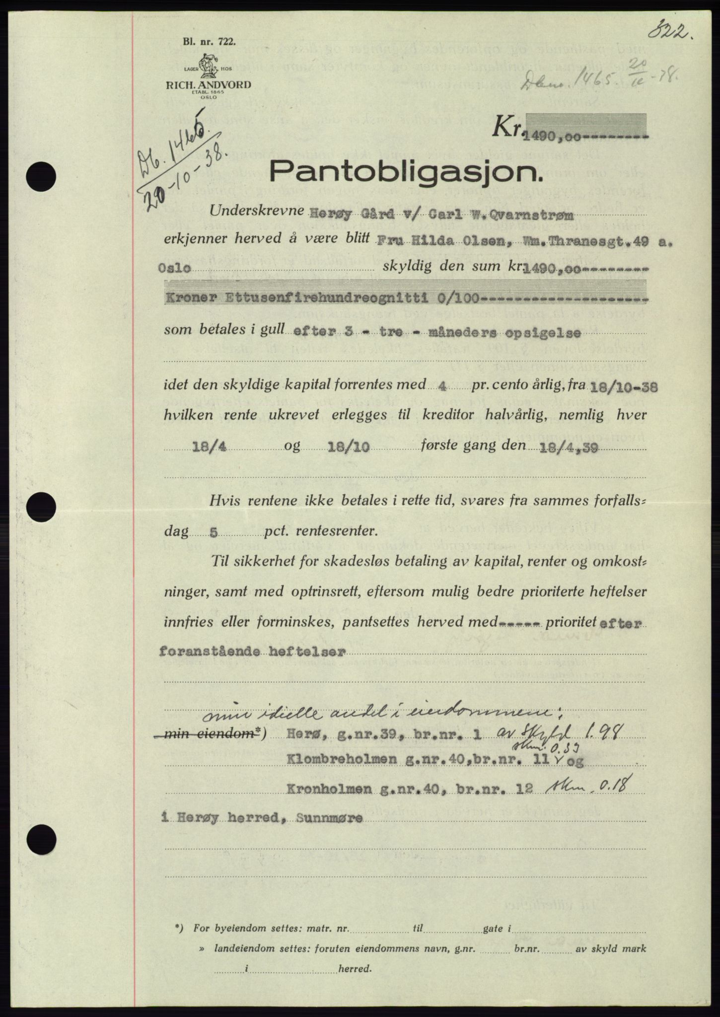 Søre Sunnmøre sorenskriveri, AV/SAT-A-4122/1/2/2C/L0066: Mortgage book no. 60, 1938-1938, Diary no: : 1465/1938