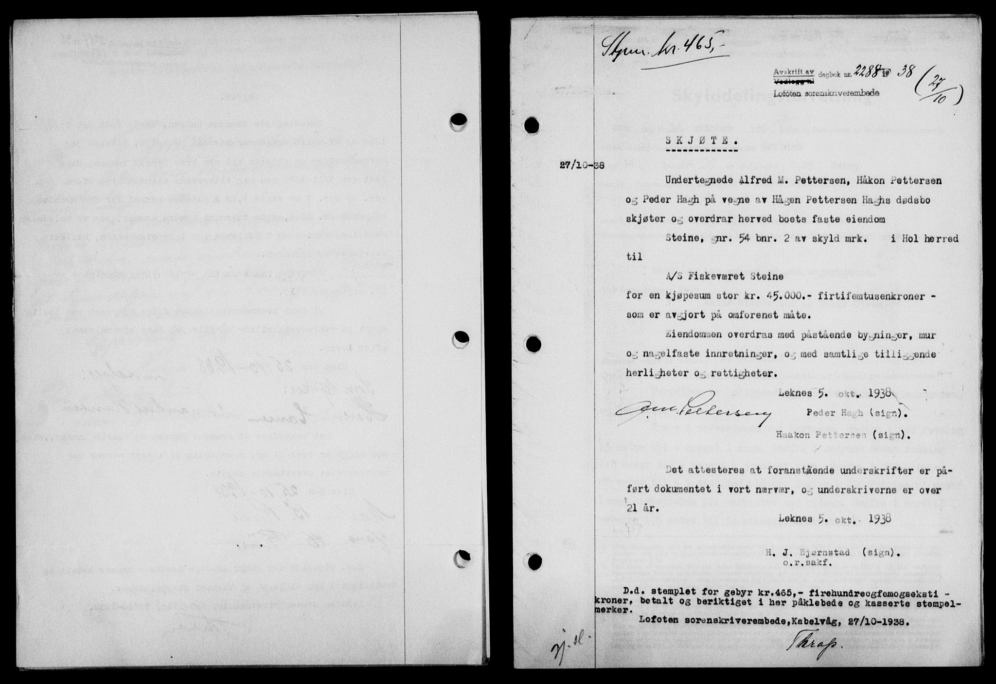 Lofoten sorenskriveri, SAT/A-0017/1/2/2C/L0004a: Mortgage book no. 4a, 1938-1938, Diary no: : 2288/1938