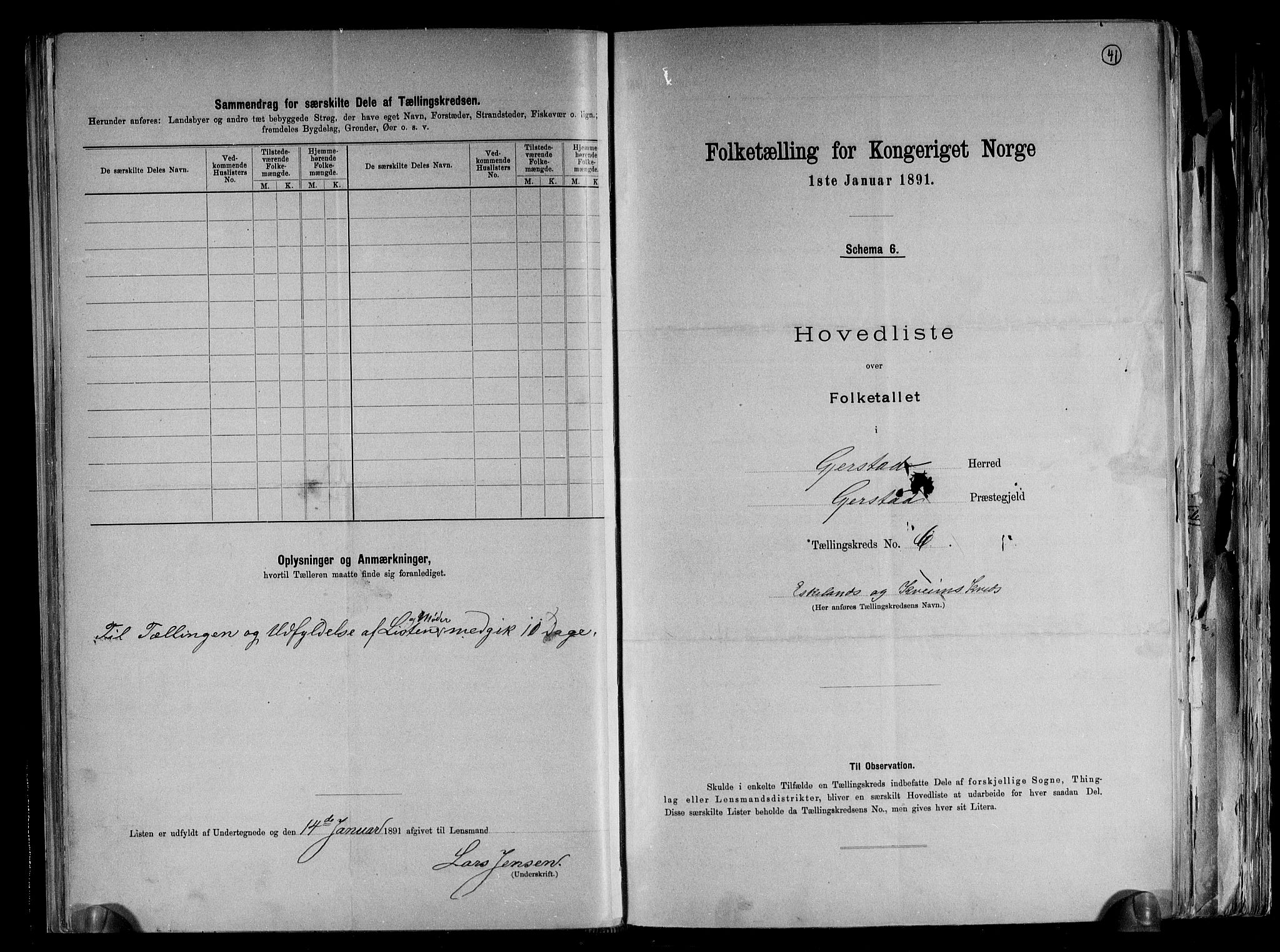 RA, 1891 census for 0911 Gjerstad, 1891, p. 15