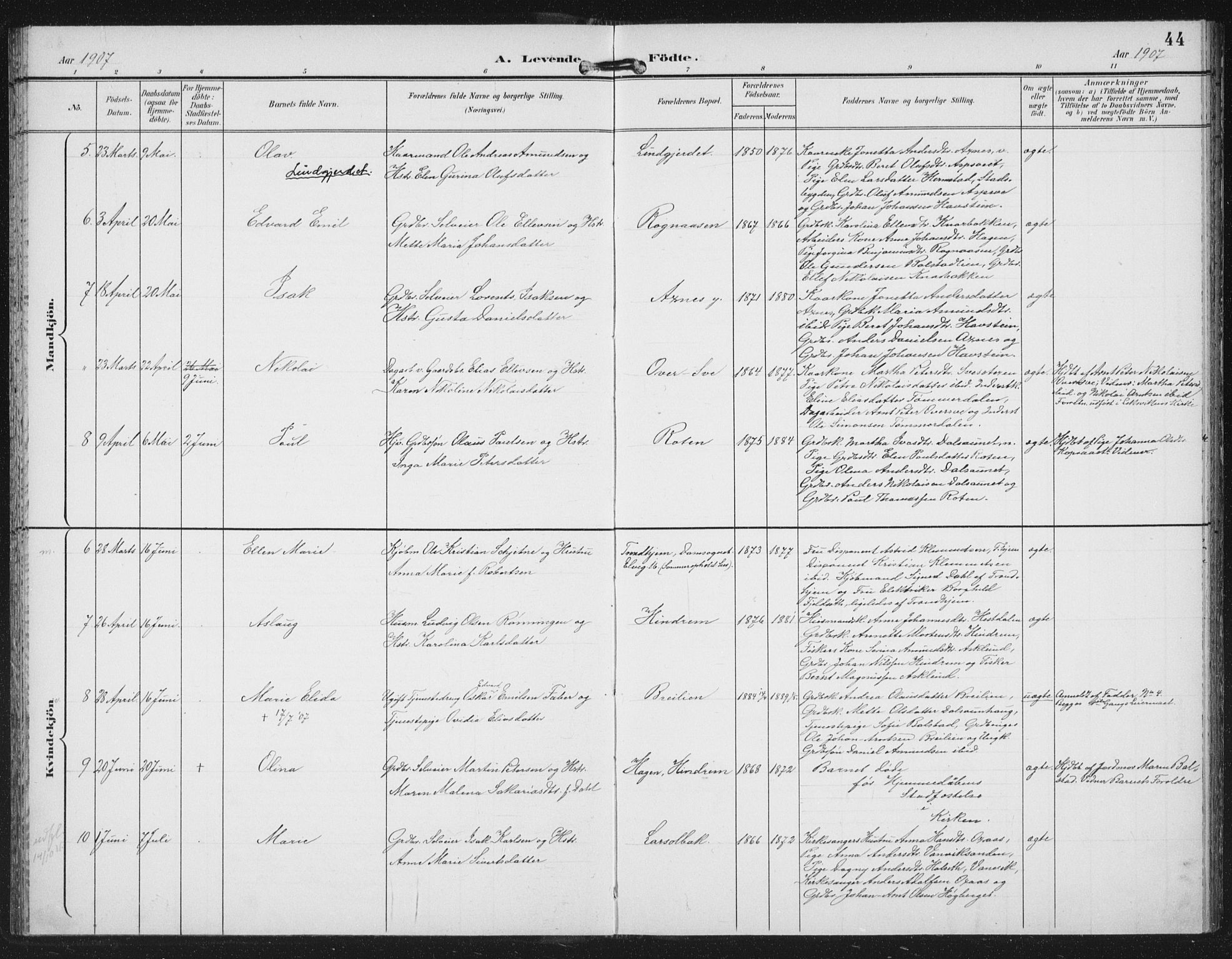 Ministerialprotokoller, klokkerbøker og fødselsregistre - Nord-Trøndelag, SAT/A-1458/702/L0024: Parish register (official) no. 702A02, 1898-1914, p. 44