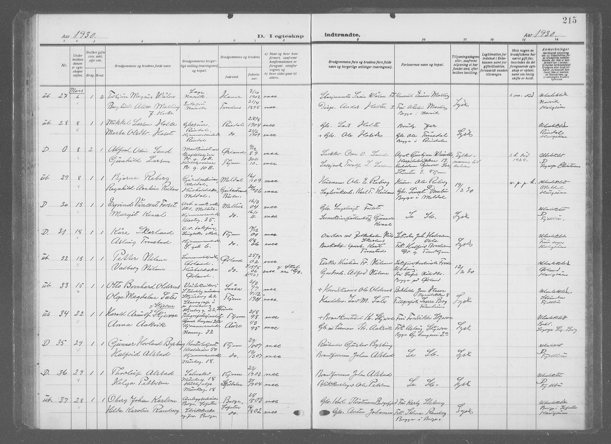 Ministerialprotokoller, klokkerbøker og fødselsregistre - Sør-Trøndelag, AV/SAT-A-1456/601/L0098: Parish register (copy) no. 601C16, 1921-1934, p. 215