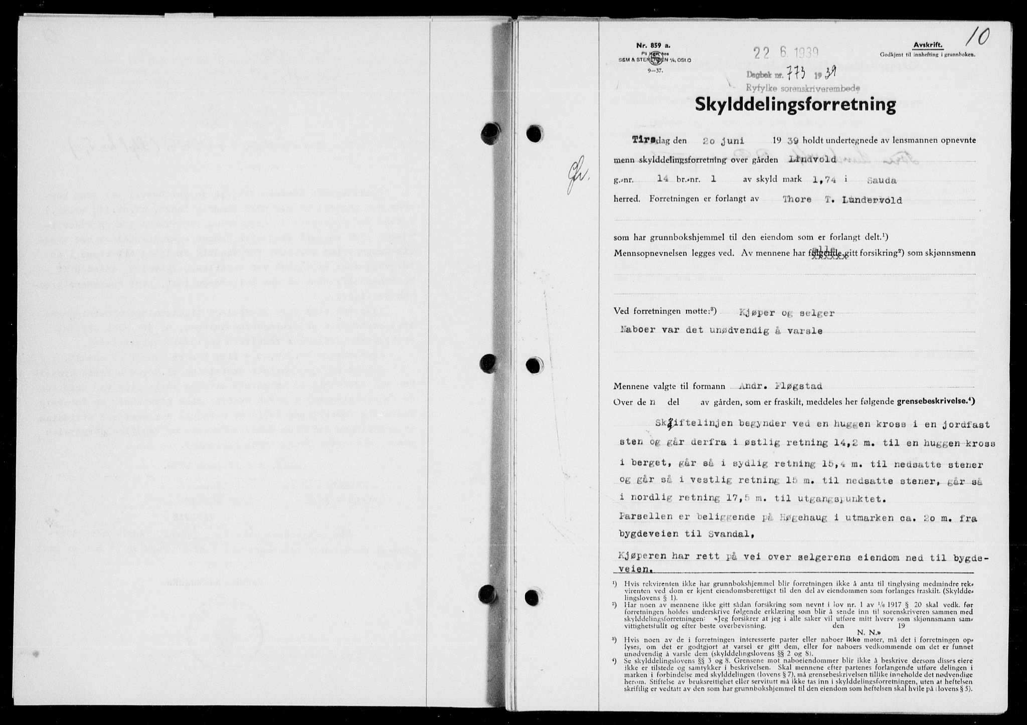 Ryfylke tingrett, SAST/A-100055/001/II/IIB/L0080: Mortgage book no. 59, 1939-1939, Diary no: : 773/1939