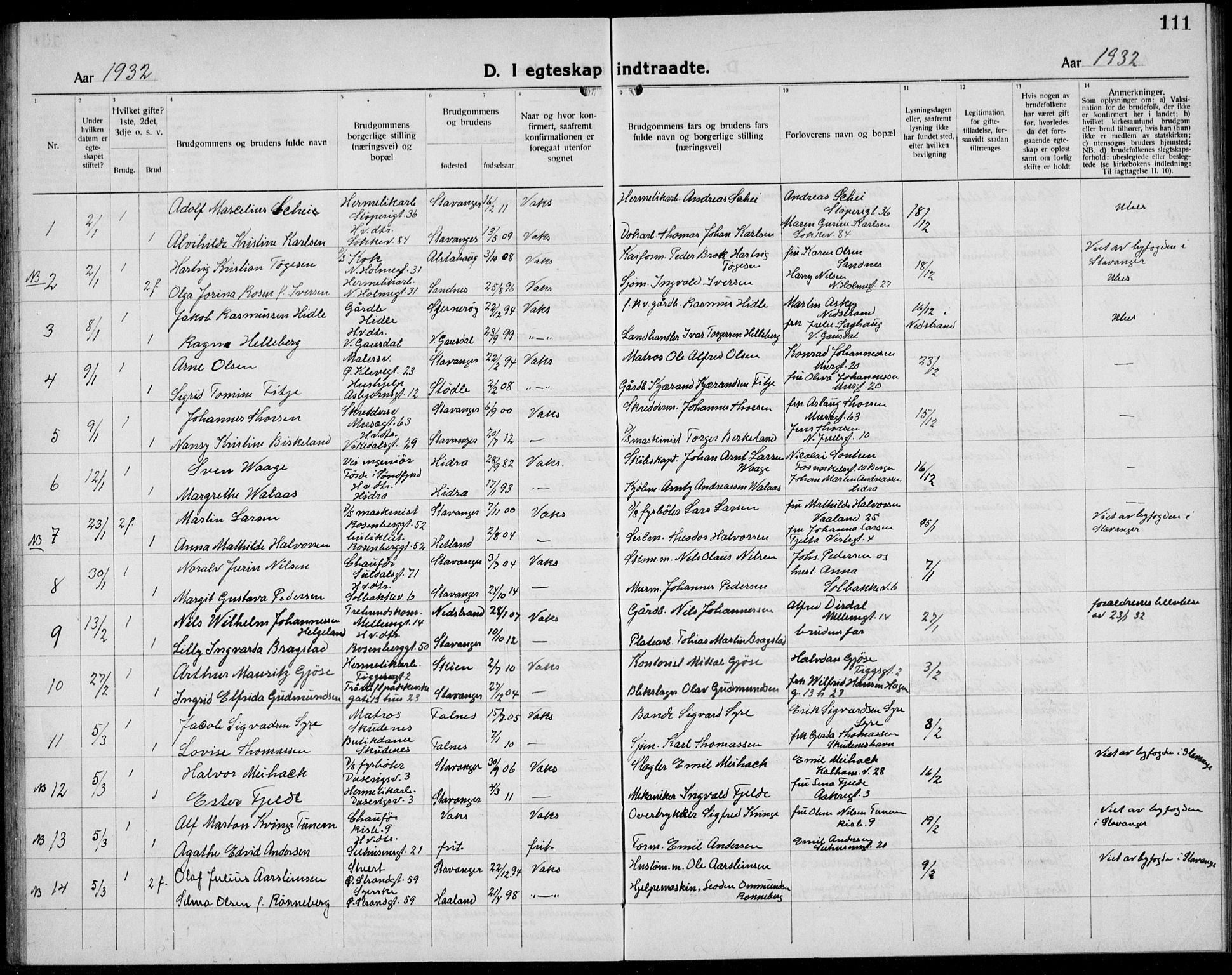 Domkirken sokneprestkontor, AV/SAST-A-101812/001/30/30BB/L0020: Parish register (copy) no. B 20, 1921-1937, p. 111