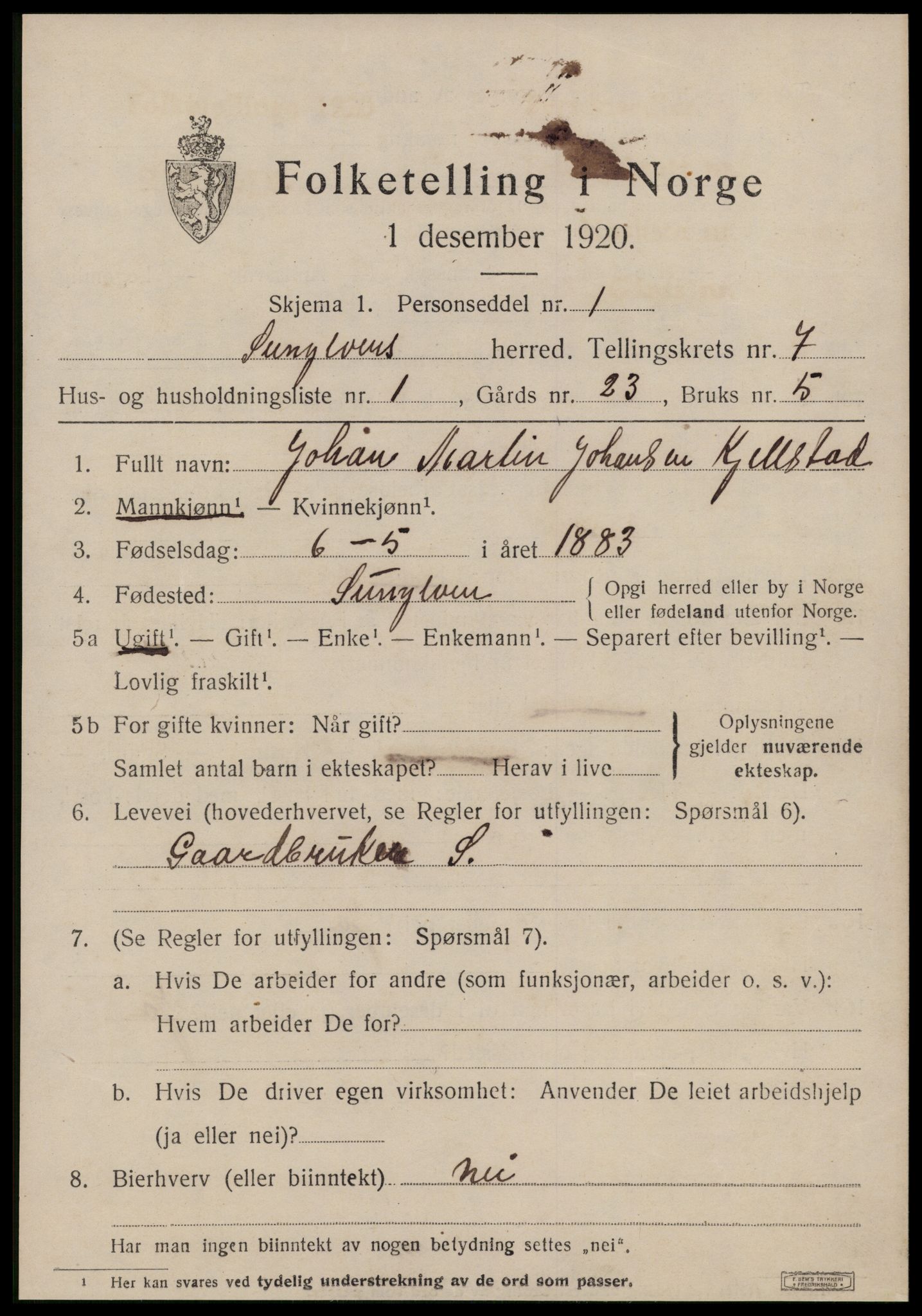SAT, 1920 census for Sunnylven, 1920, p. 2538