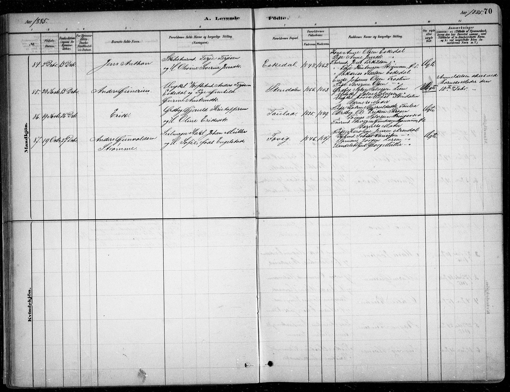 Fjære sokneprestkontor, AV/SAK-1111-0011/F/Fb/L0011: Parish register (copy) no. B 11, 1881-1905, p. 70