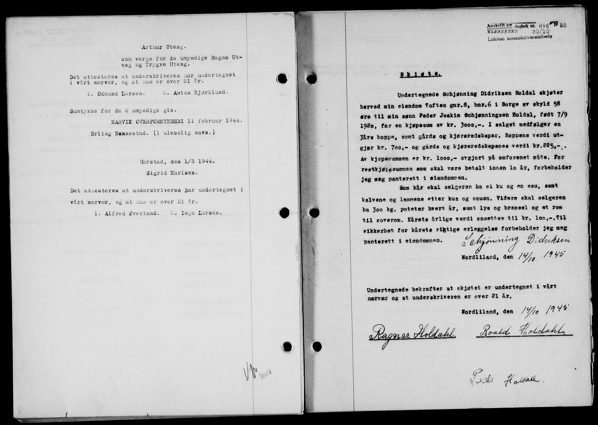 Lofoten sorenskriveri, SAT/A-0017/1/2/2C/L0013a: Mortgage book no. 13a, 1944-1946, Diary no: : 896/1945