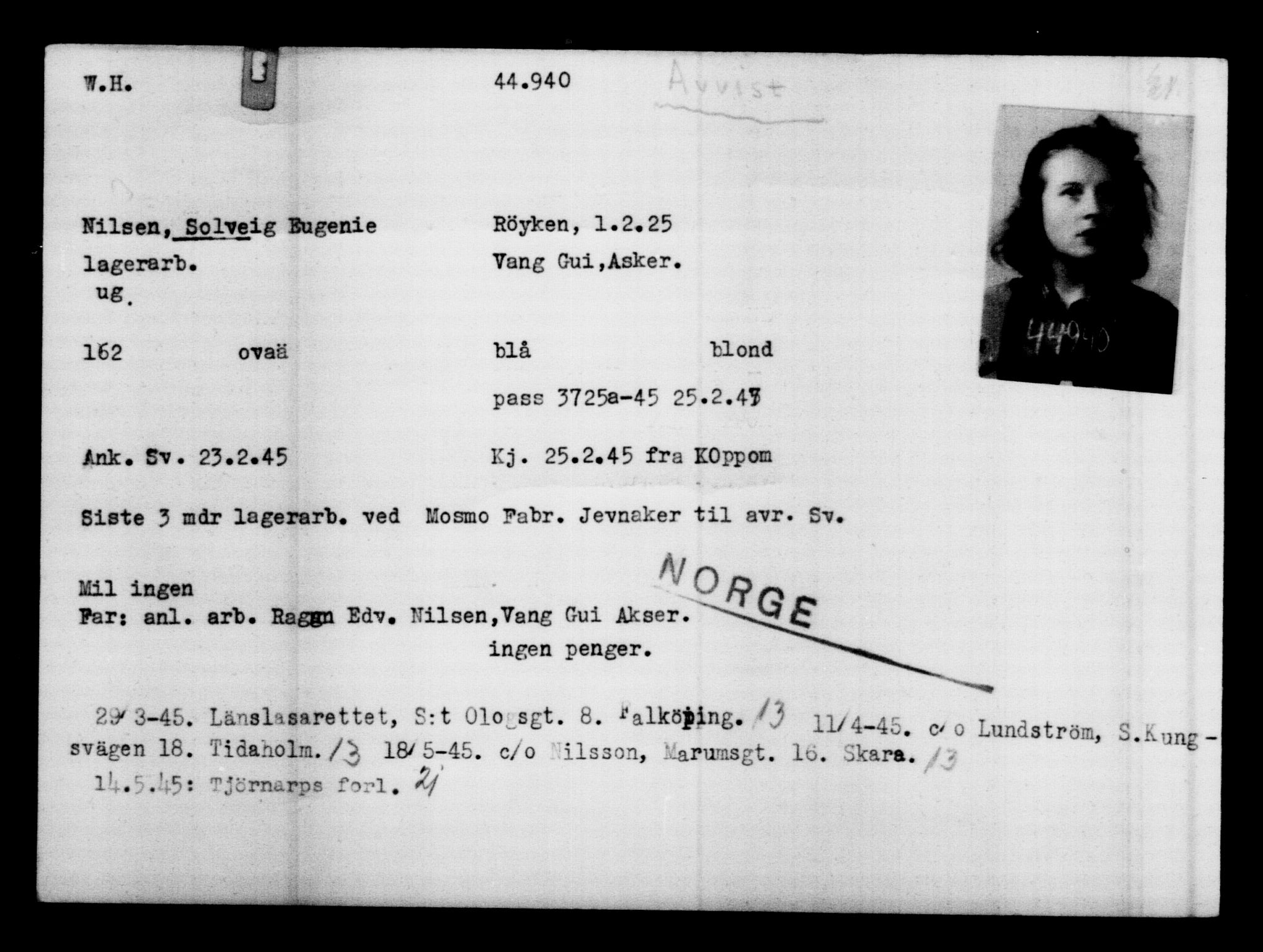 Utenriksstasjonene, Legasjonen i Stockholm, Flyktningkontoret, AV/RA-S-6753/V/Va/L0017: Kjesäterkartoteket, flyktninger med registreringsnr. 43400-46318, 1940-1945, p. 1612