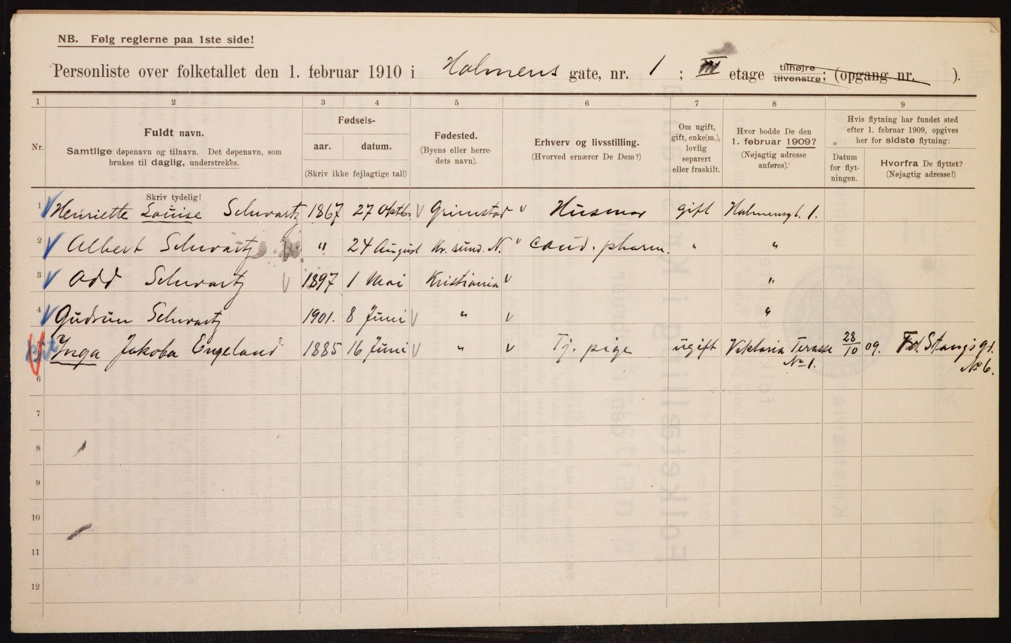 OBA, Municipal Census 1910 for Kristiania, 1910, p. 40049