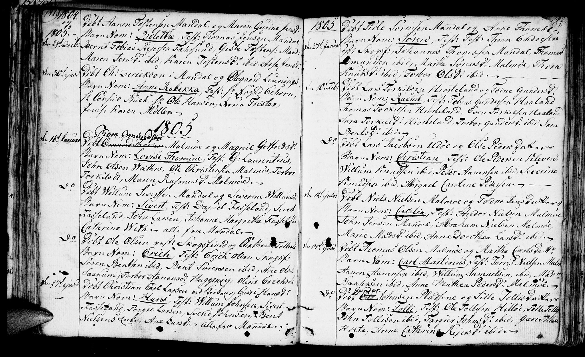 Mandal sokneprestkontor, SAK/1111-0030/F/Fa/Faa/L0008: Parish register (official) no. A 8, 1794-1817, p. 141-142