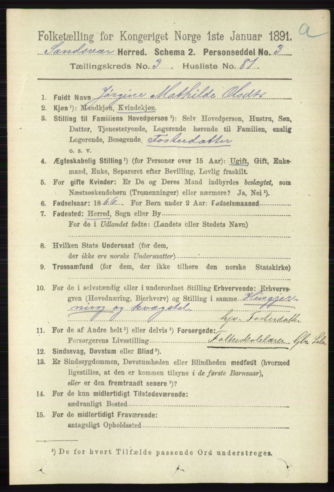 RA, 1891 census for 0629 Sandsvær, 1891, p. 1727