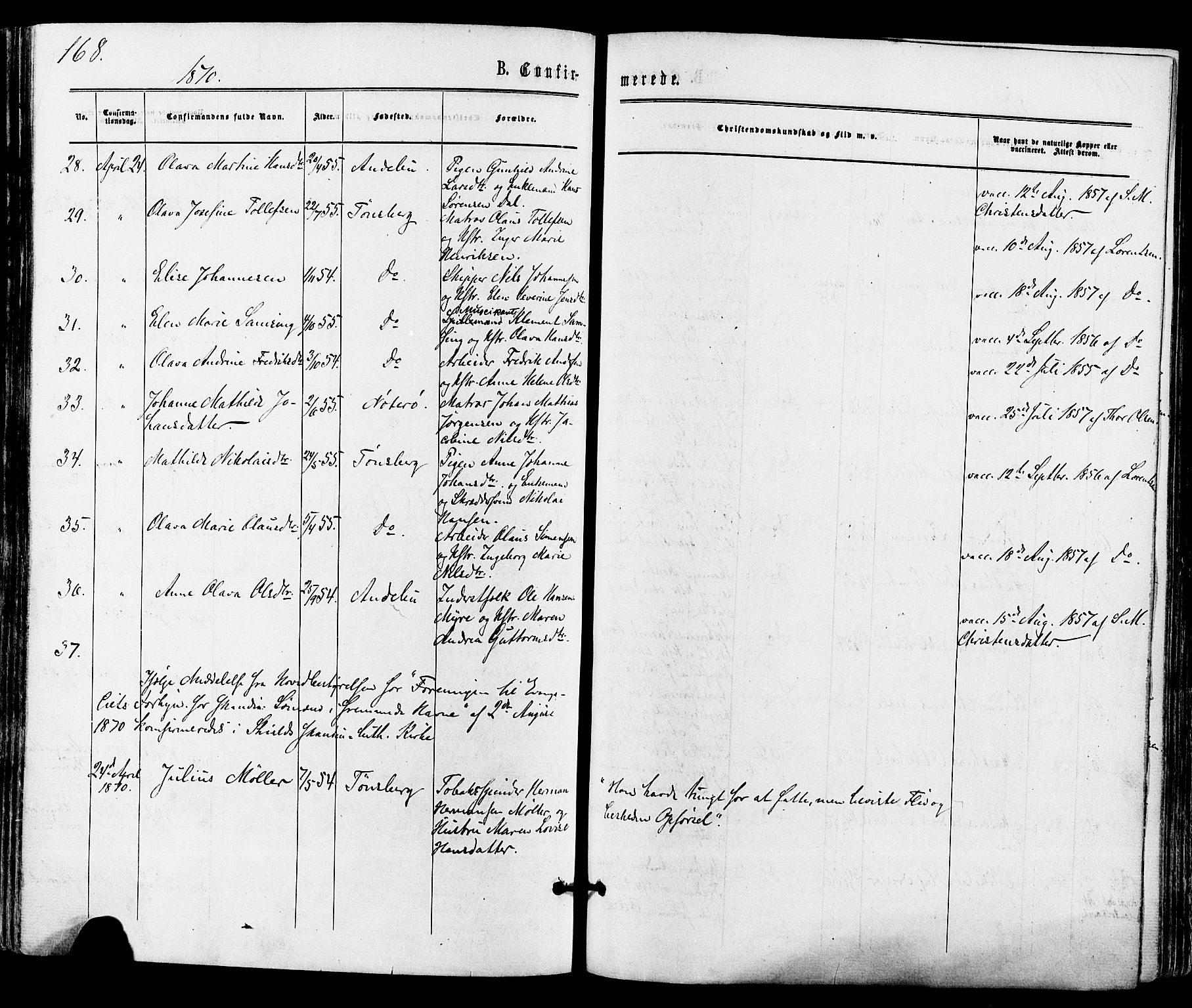 Tønsberg kirkebøker, AV/SAKO-A-330/F/Fa/L0009: Parish register (official) no. I 9, 1865-1873, p. 168