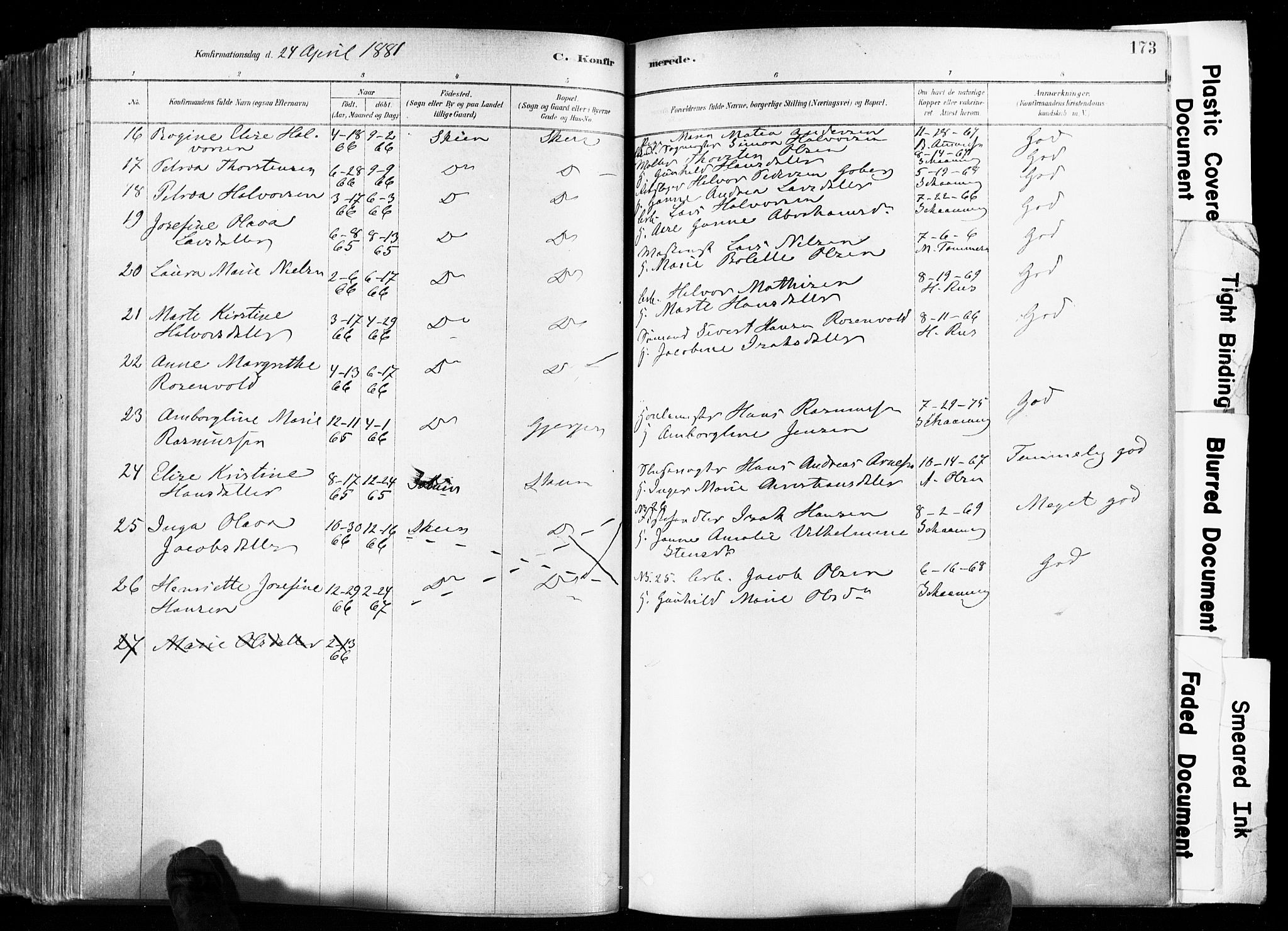 Skien kirkebøker, AV/SAKO-A-302/F/Fa/L0009: Parish register (official) no. 9, 1878-1890, p. 173