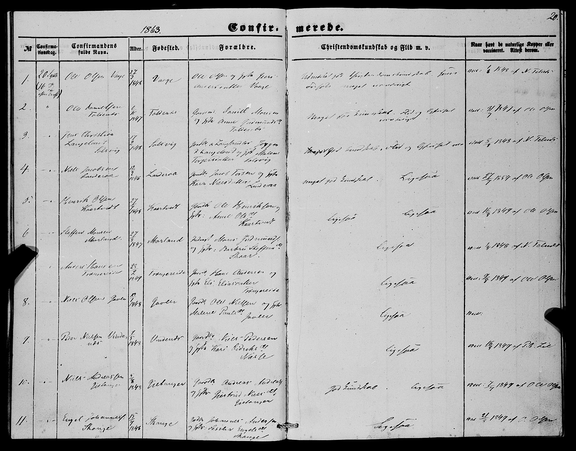 Fjell sokneprestembete, AV/SAB-A-75301/H/Haa: Parish register (official) no. A 4, 1851-1870, p. 20