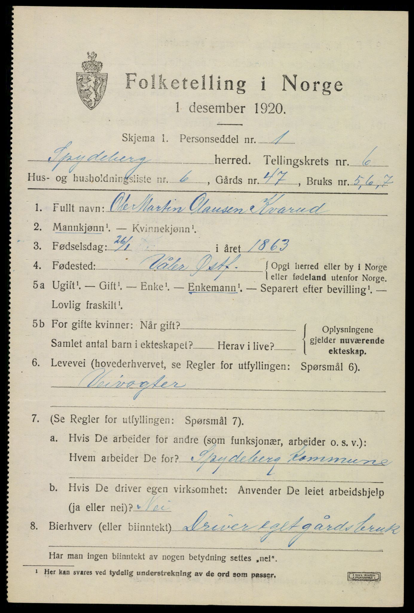 SAO, 1920 census for Spydeberg, 1920, p. 7041