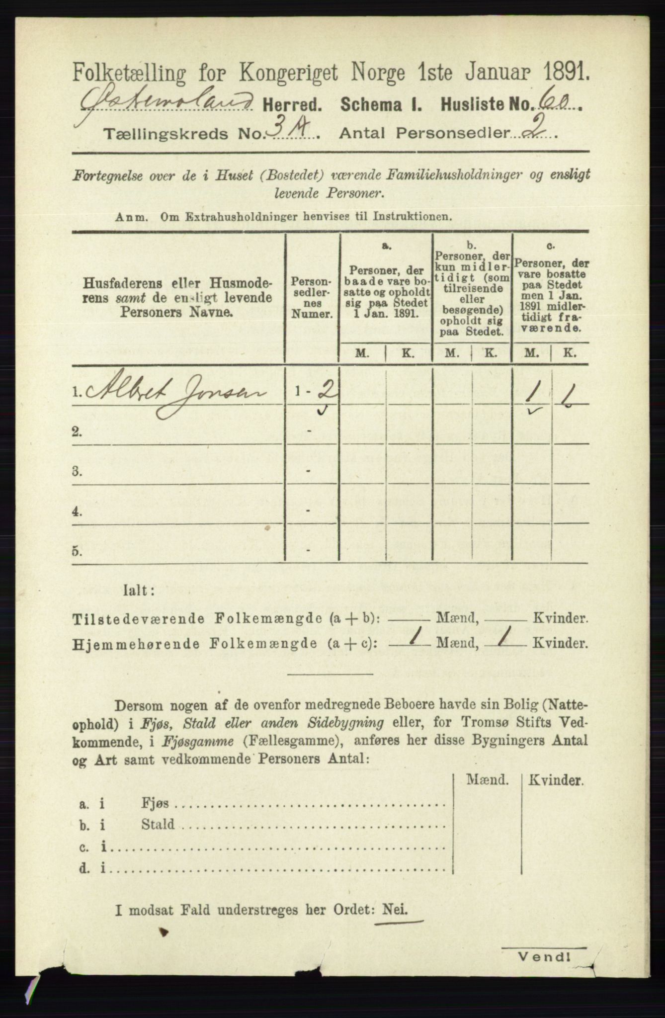 RA, 1891 census for 0918 Austre Moland, 1891, p. 1352