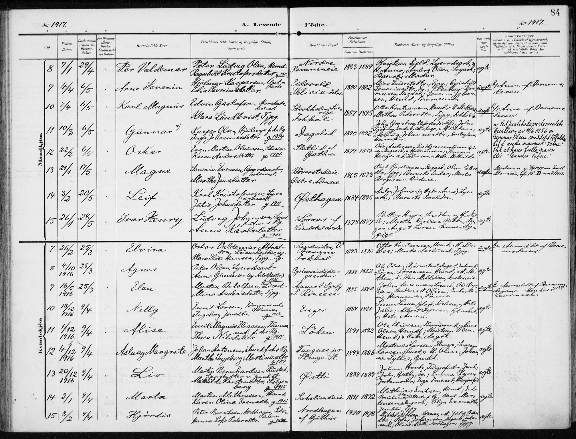 Stange prestekontor, SAH/PREST-002/K/L0024: Parish register (official) no. 24, 1906-1922, p. 84