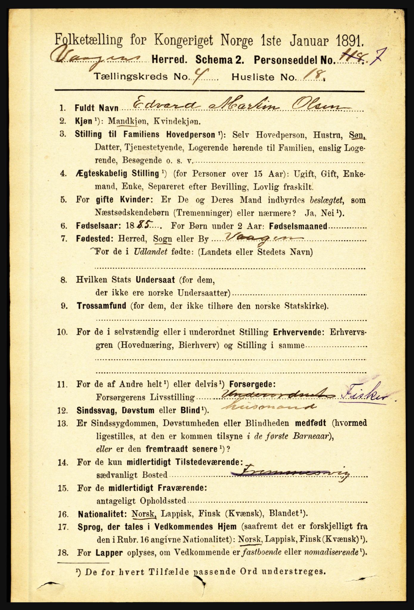 RA, 1891 census for 1865 Vågan, 1891, p. 1054