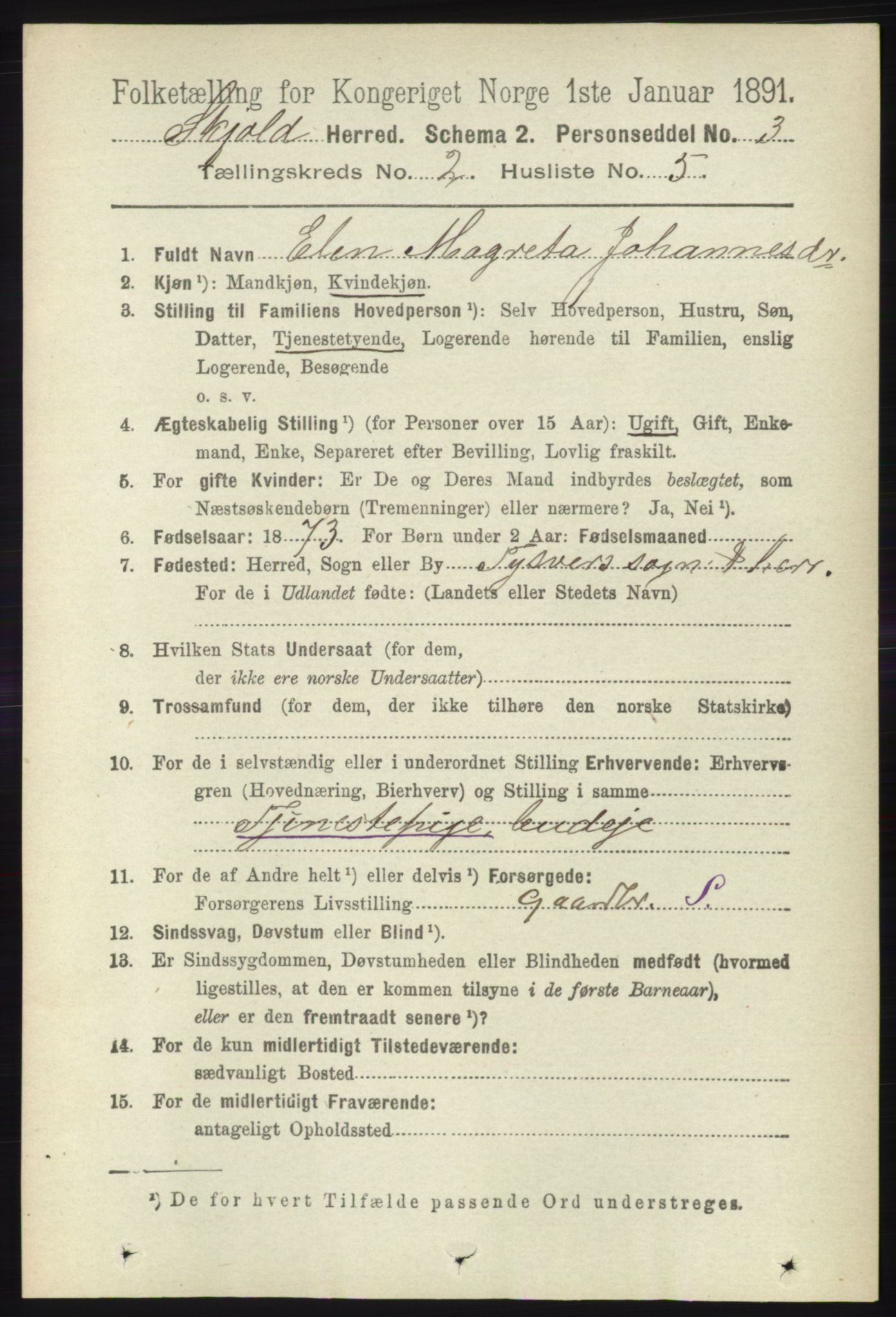 RA, 1891 census for 1154 Skjold, 1891, p. 309