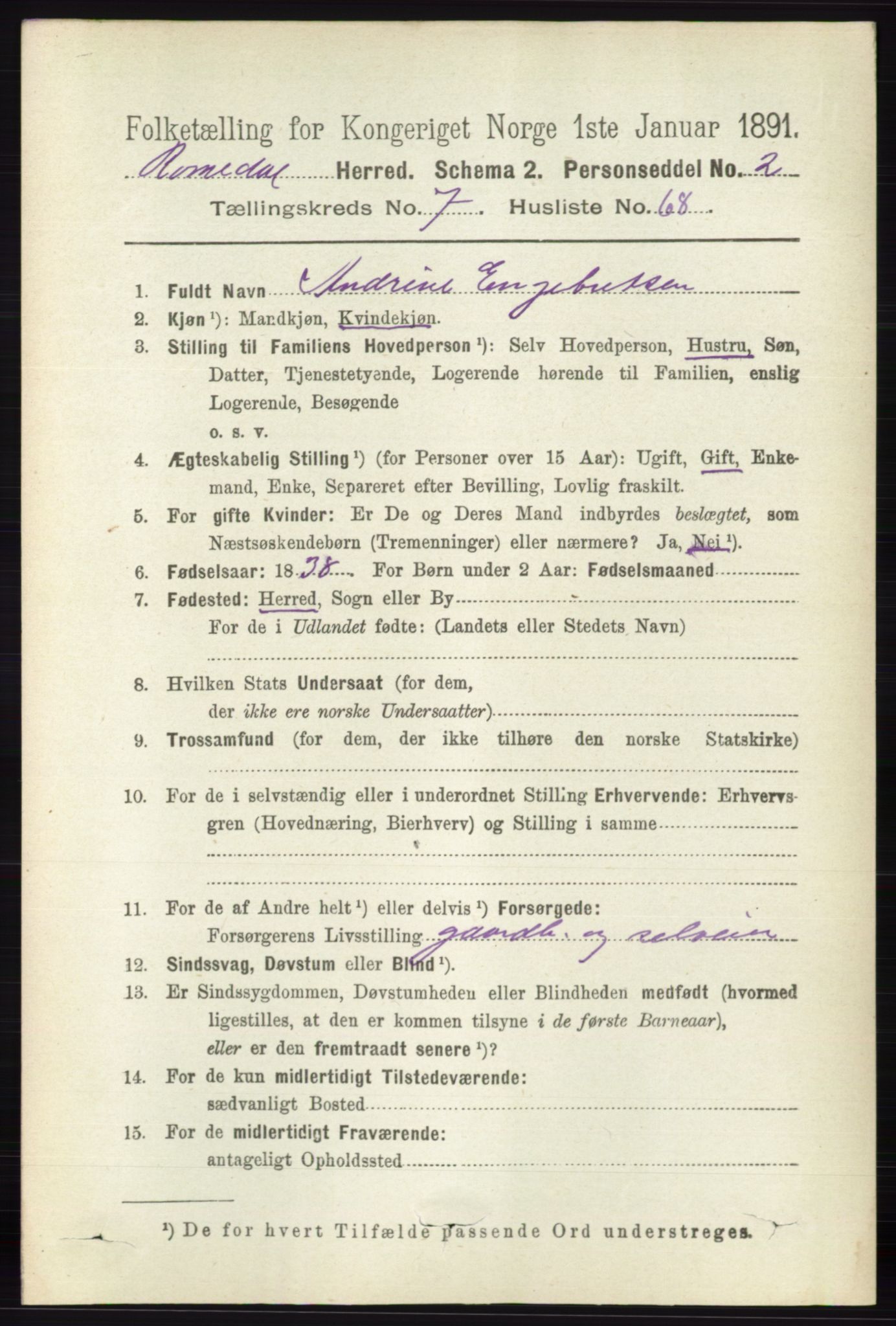 RA, 1891 census for 0416 Romedal, 1891, p. 3887