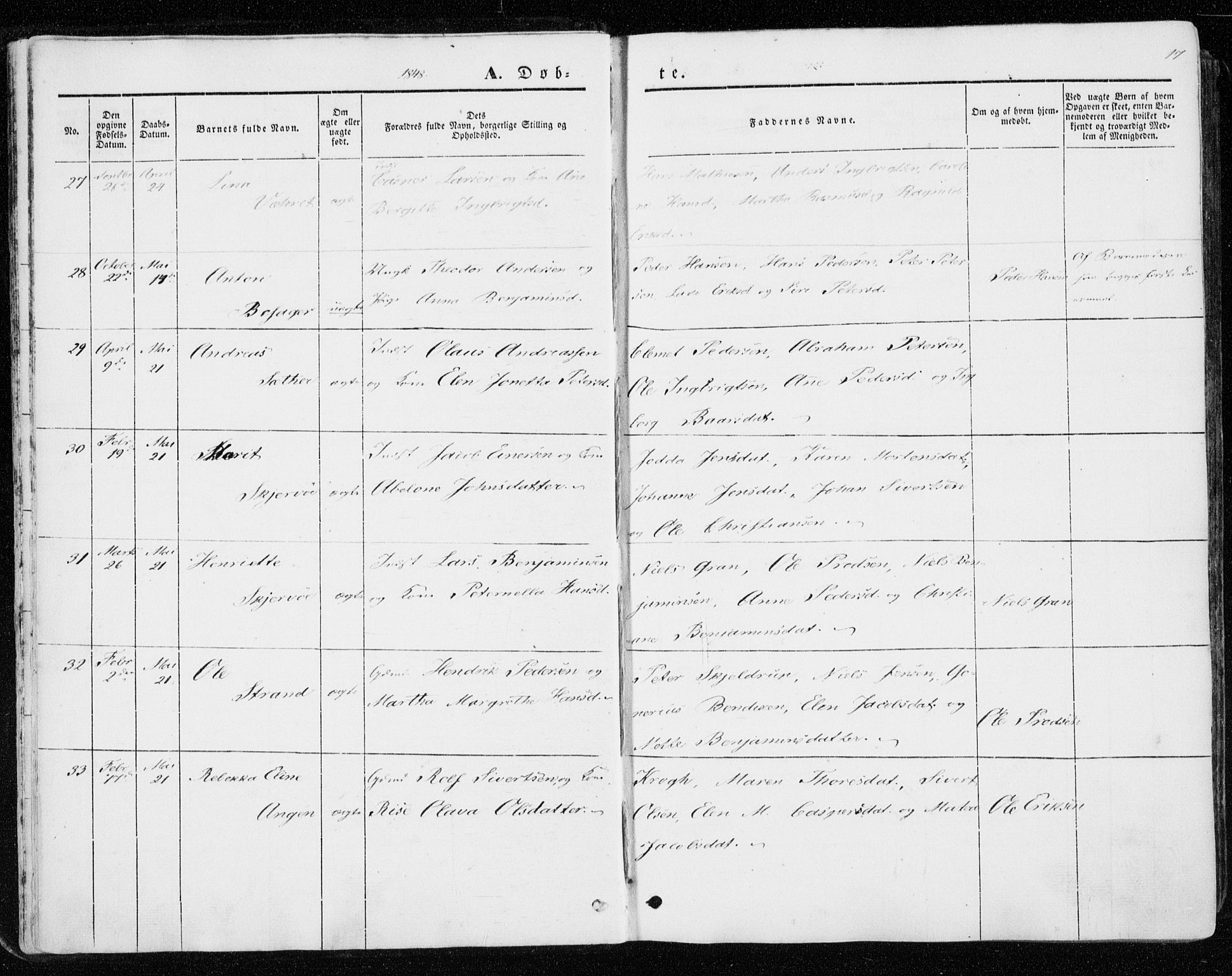 Ministerialprotokoller, klokkerbøker og fødselsregistre - Sør-Trøndelag, SAT/A-1456/657/L0704: Parish register (official) no. 657A05, 1846-1857, p. 17