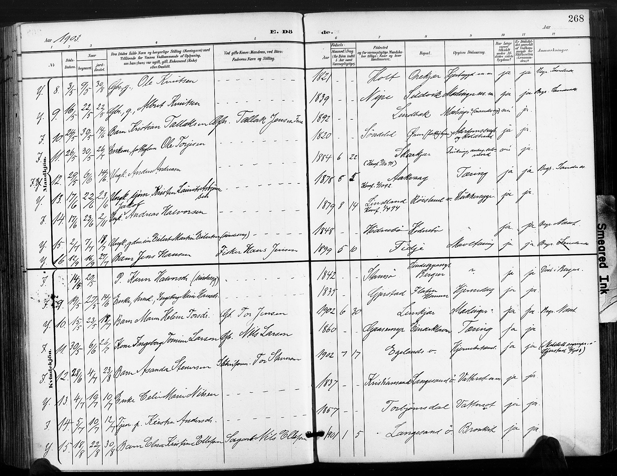 Søndeled sokneprestkontor, AV/SAK-1111-0038/F/Fa/L0006: Parish register (official) no. A 6, 1900-1922, p. 268