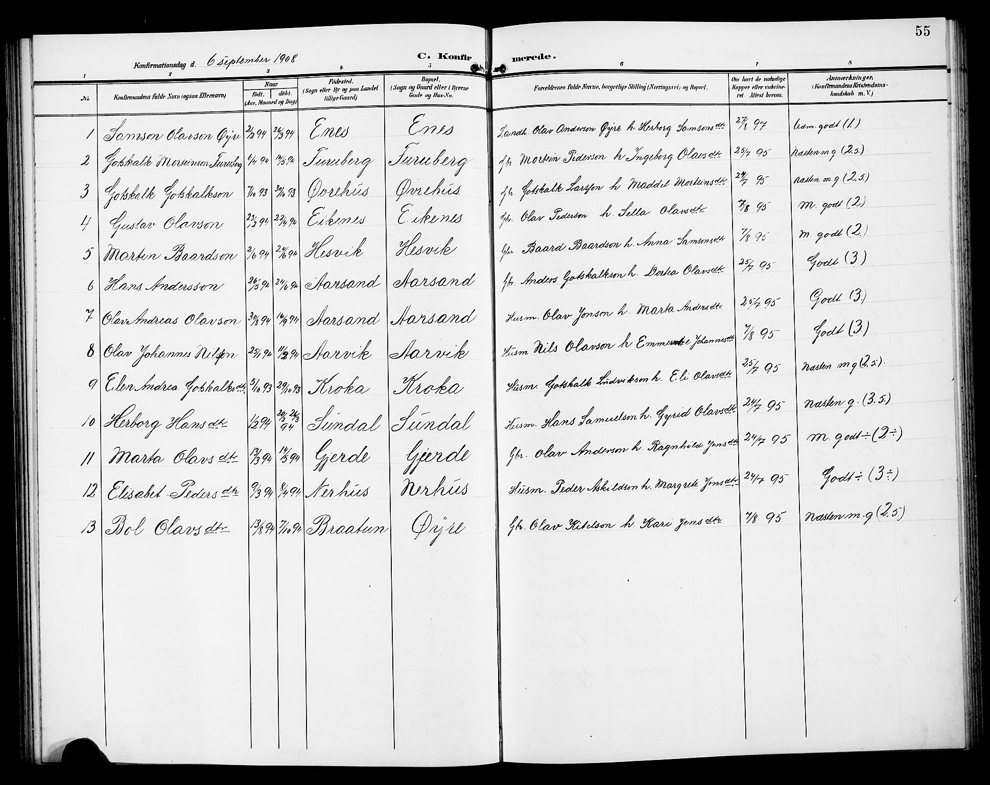 Kvinnherad sokneprestembete, SAB/A-76401/H/Hab: Parish register (copy) no. D 2, 1906-1926, p. 55