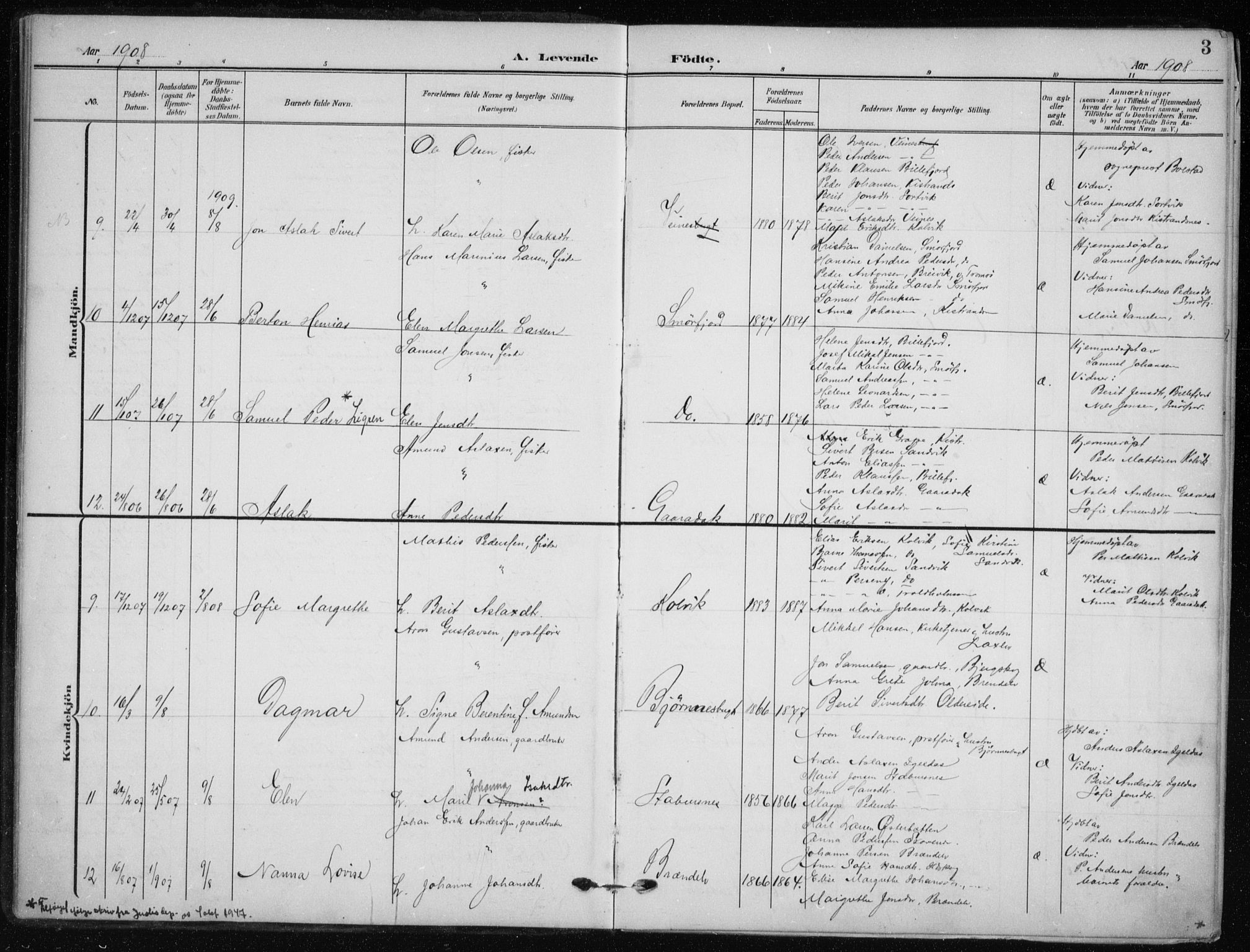 Kistrand/Porsanger sokneprestembete, SATØ/S-1351/H/Ha/L0014.kirke: Parish register (official) no. 14, 1908-1917, p. 3