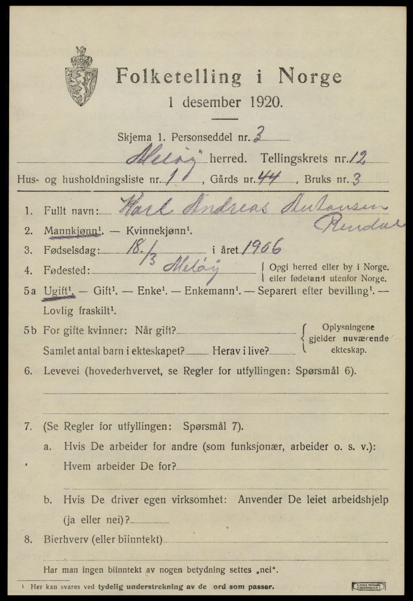 SAT, 1920 census for Meløy, 1920, p. 7605