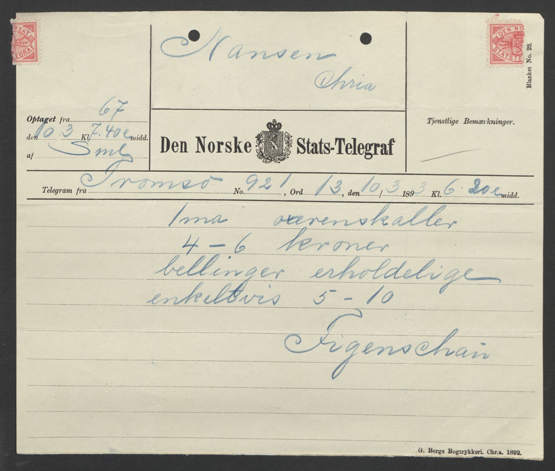 Arbeidskomitéen for Fridtjof Nansens polarekspedisjon, AV/RA-PA-0061/D/L0004: Innk. brev og telegrammer vedr. proviant og utrustning, 1892-1893, p. 168