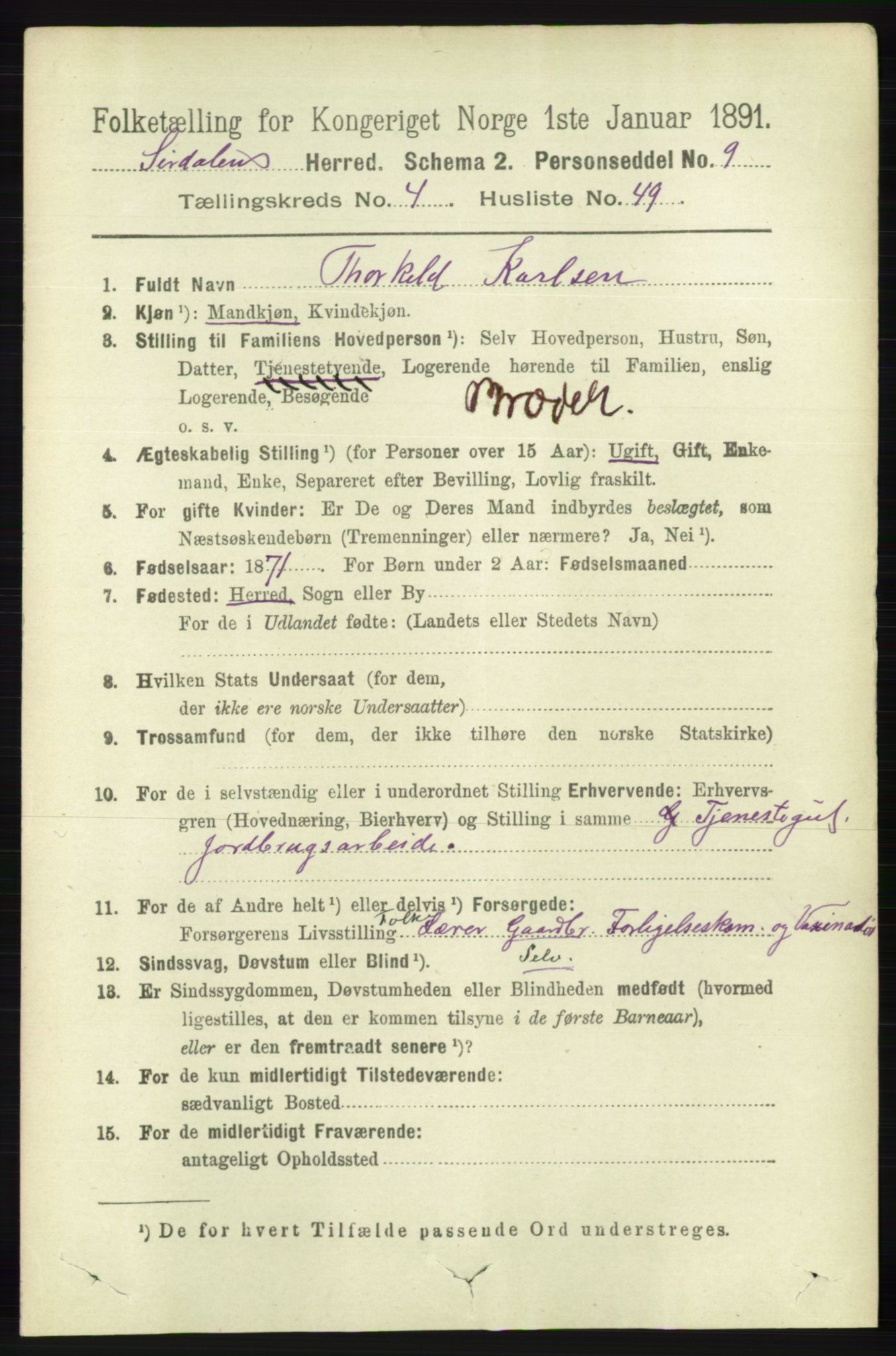 RA, 1891 census for 1046 Sirdal, 1891, p. 1252