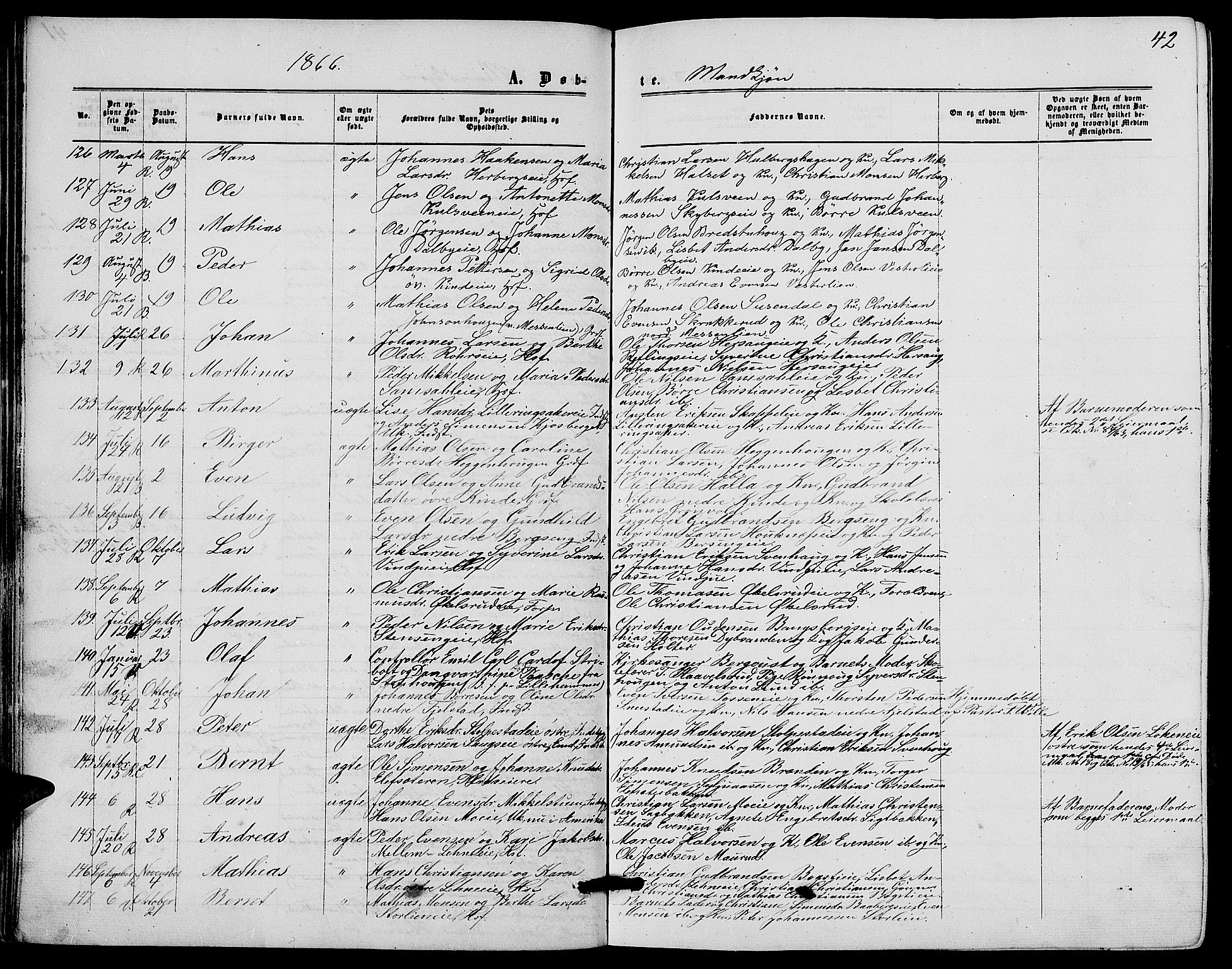 Ringsaker prestekontor, AV/SAH-PREST-014/L/La/L0007: Parish register (copy) no. 7, 1861-1869, p. 42