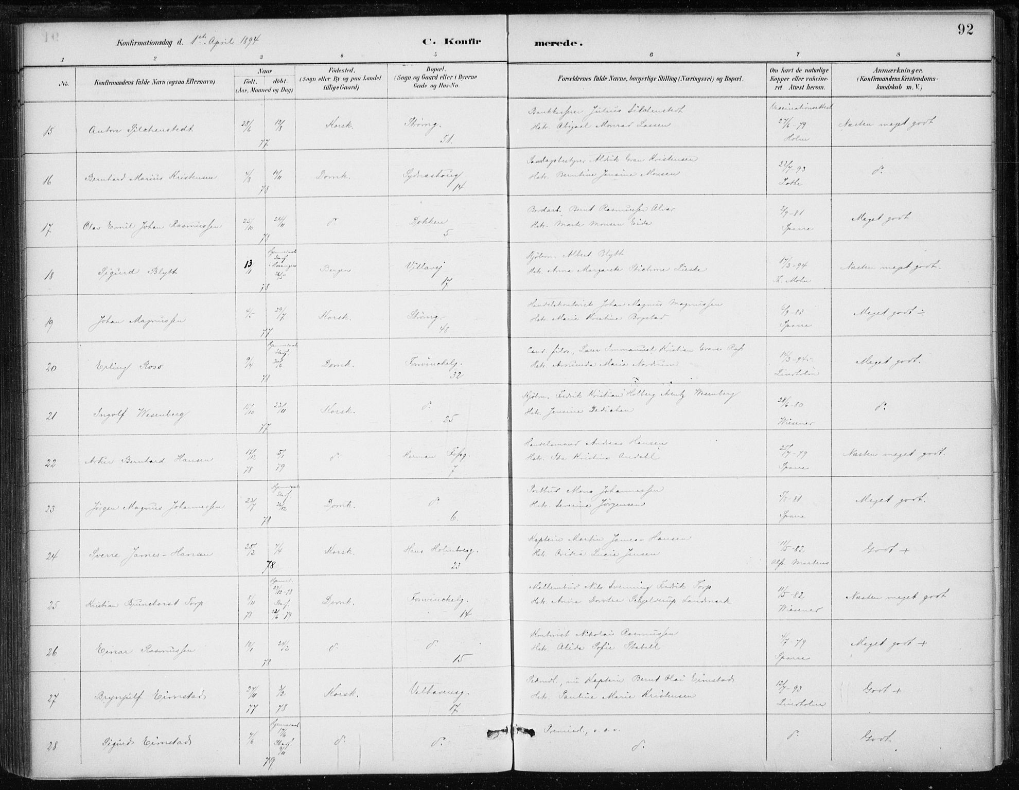 Johanneskirken sokneprestembete, AV/SAB-A-76001/H/Haa/L0008: Parish register (official) no. C 1, 1885-1907, p. 92