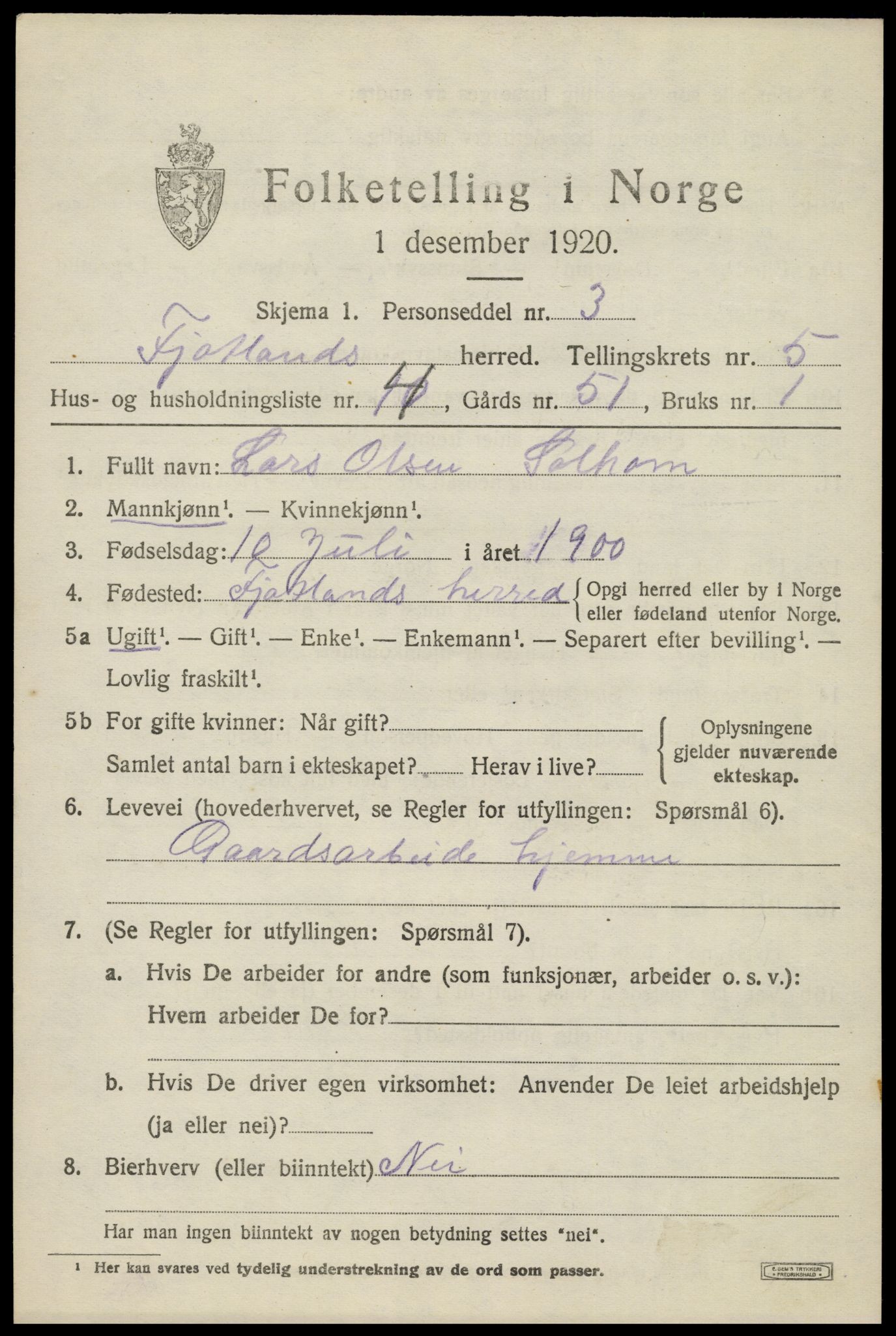SAK, 1920 census for Fjotland, 1920, p. 1562