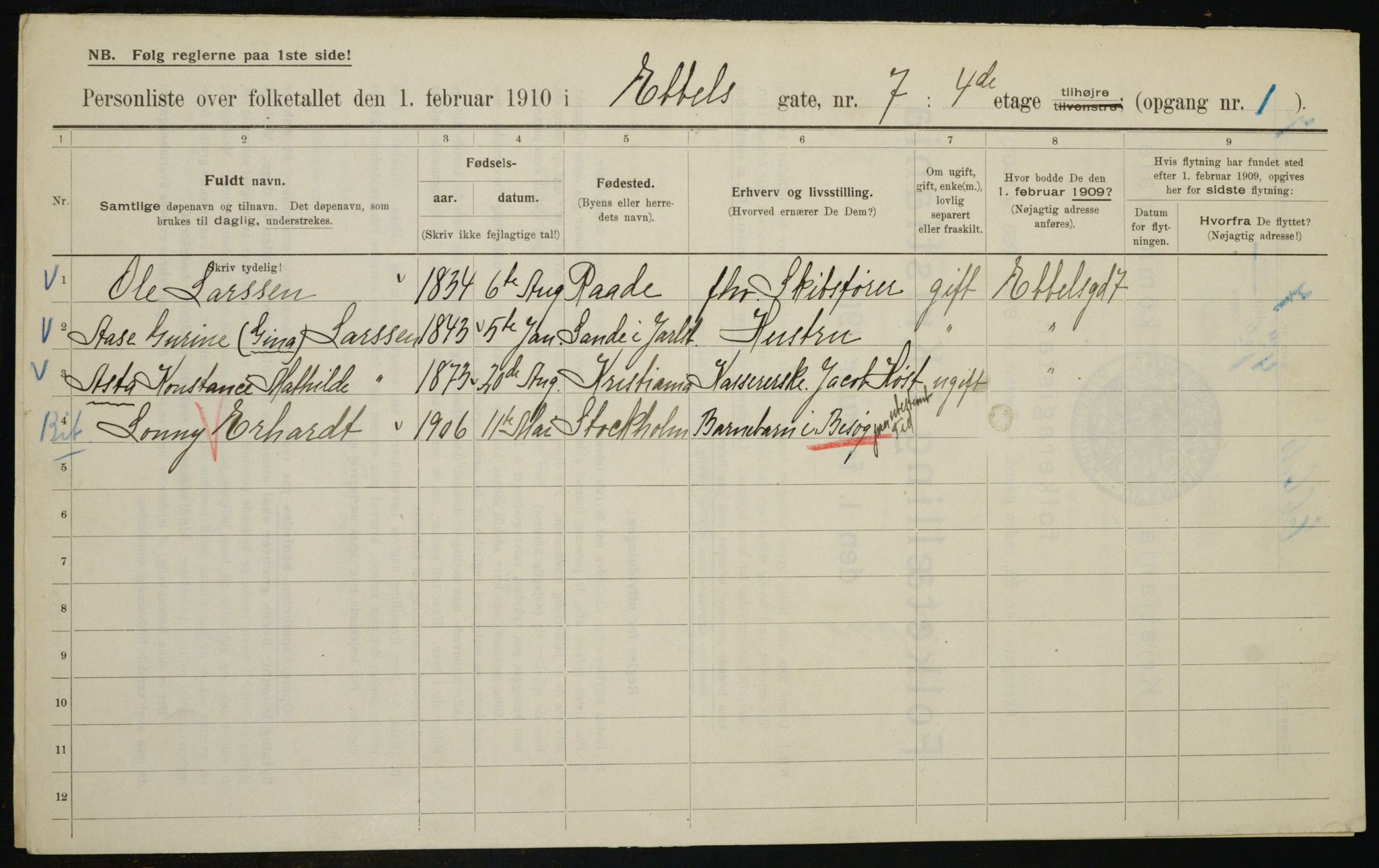 OBA, Municipal Census 1910 for Kristiania, 1910, p. 17257