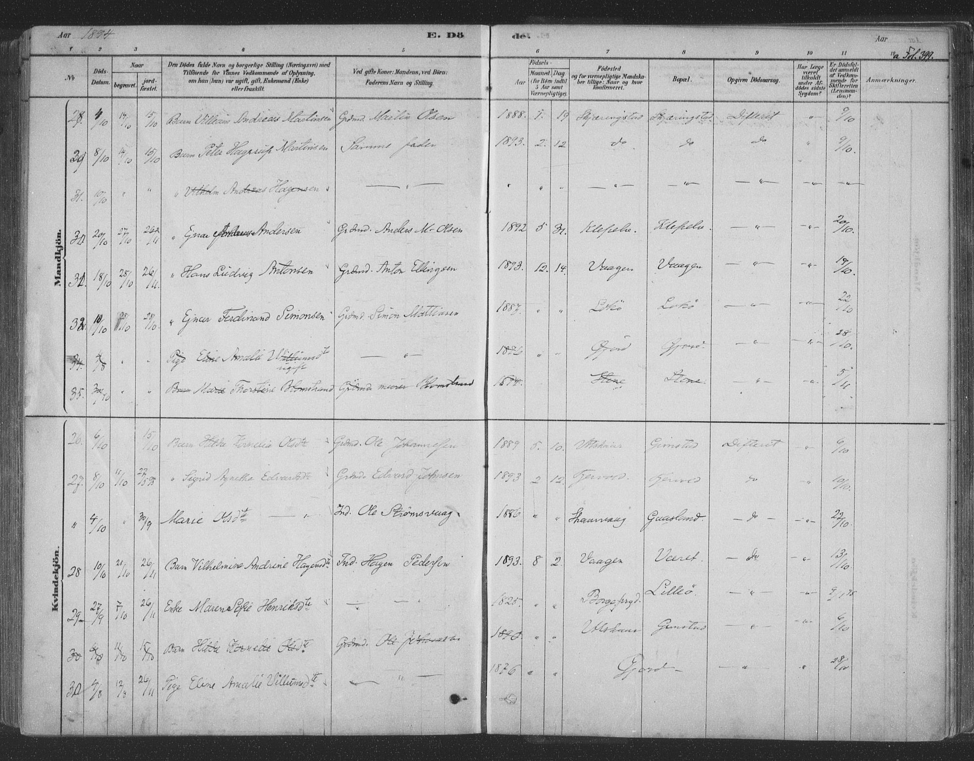 Ministerialprotokoller, klokkerbøker og fødselsregistre - Nordland, AV/SAT-A-1459/891/L1302: Parish register (official) no. 891A07, 1878-1895, p. 399