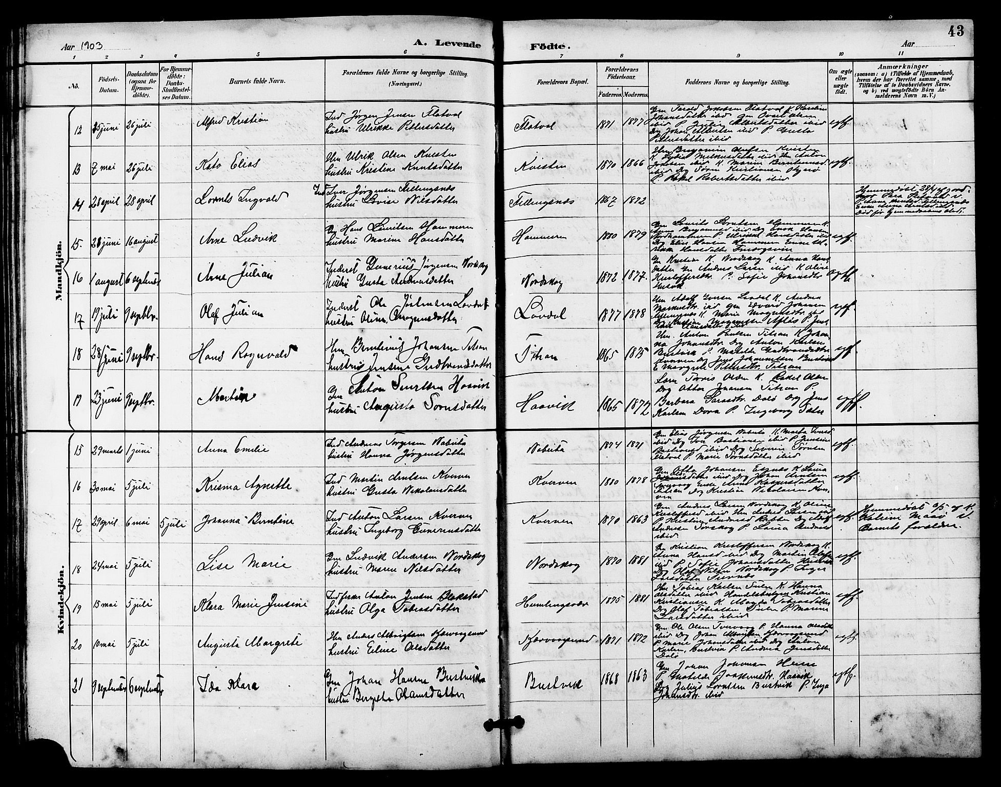 Ministerialprotokoller, klokkerbøker og fødselsregistre - Sør-Trøndelag, SAT/A-1456/641/L0598: Parish register (copy) no. 641C02, 1893-1910, p. 43